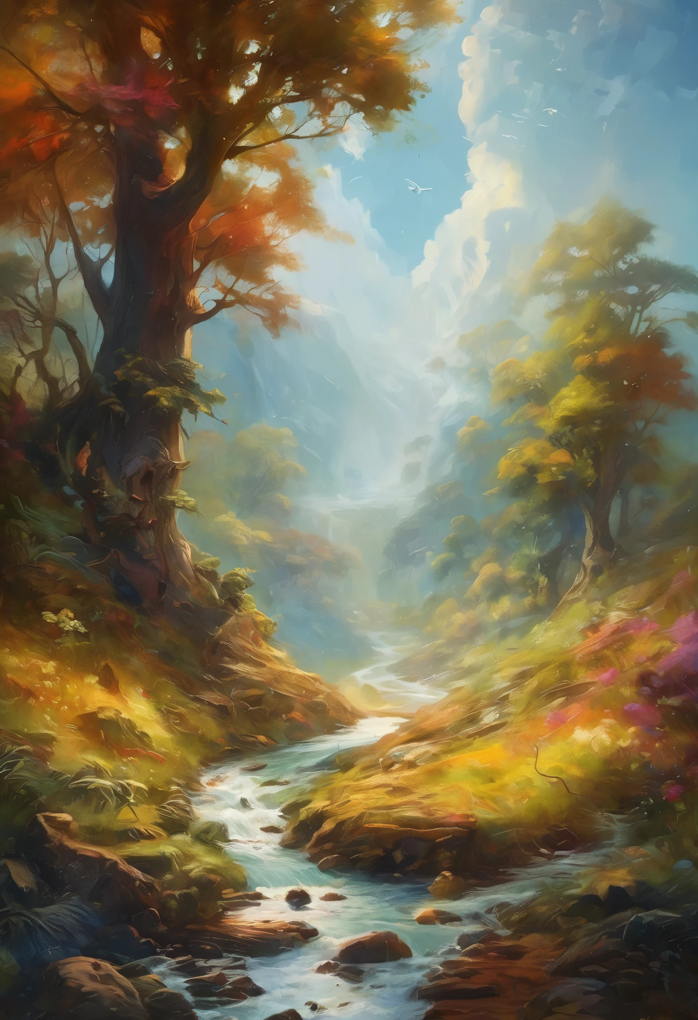 Ultra Detailed Illustrated Paintings of Dazzling Wild Environments, concept art, Subtle colors, Fantastic World, very detailed, Mysterious, Magical Brilliance, ultra high definition, Mysterious glowy smoke, light particles, Attention to Details, grandeur and awe , like in a movie, STUNNING VISUAL MASTERPIECE, double exposure, 8k, photorealistic, Strong Contours,