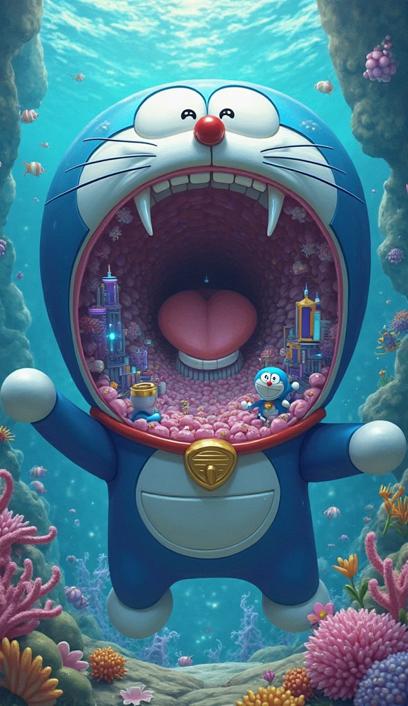 Doraemon,Doraemon has a huge mouth,In the mouth is an underwater world,A colorful world,cyberpunk style