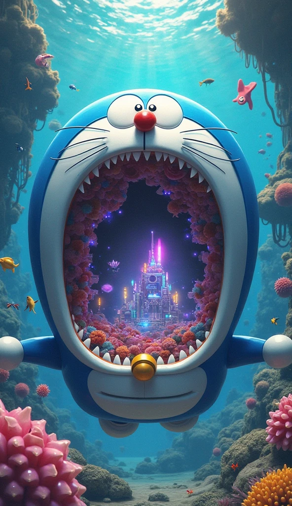 Doraemon,Doraemon has a huge mouth,In the mouth is an underwater world,A colorful world,cyberpunk style