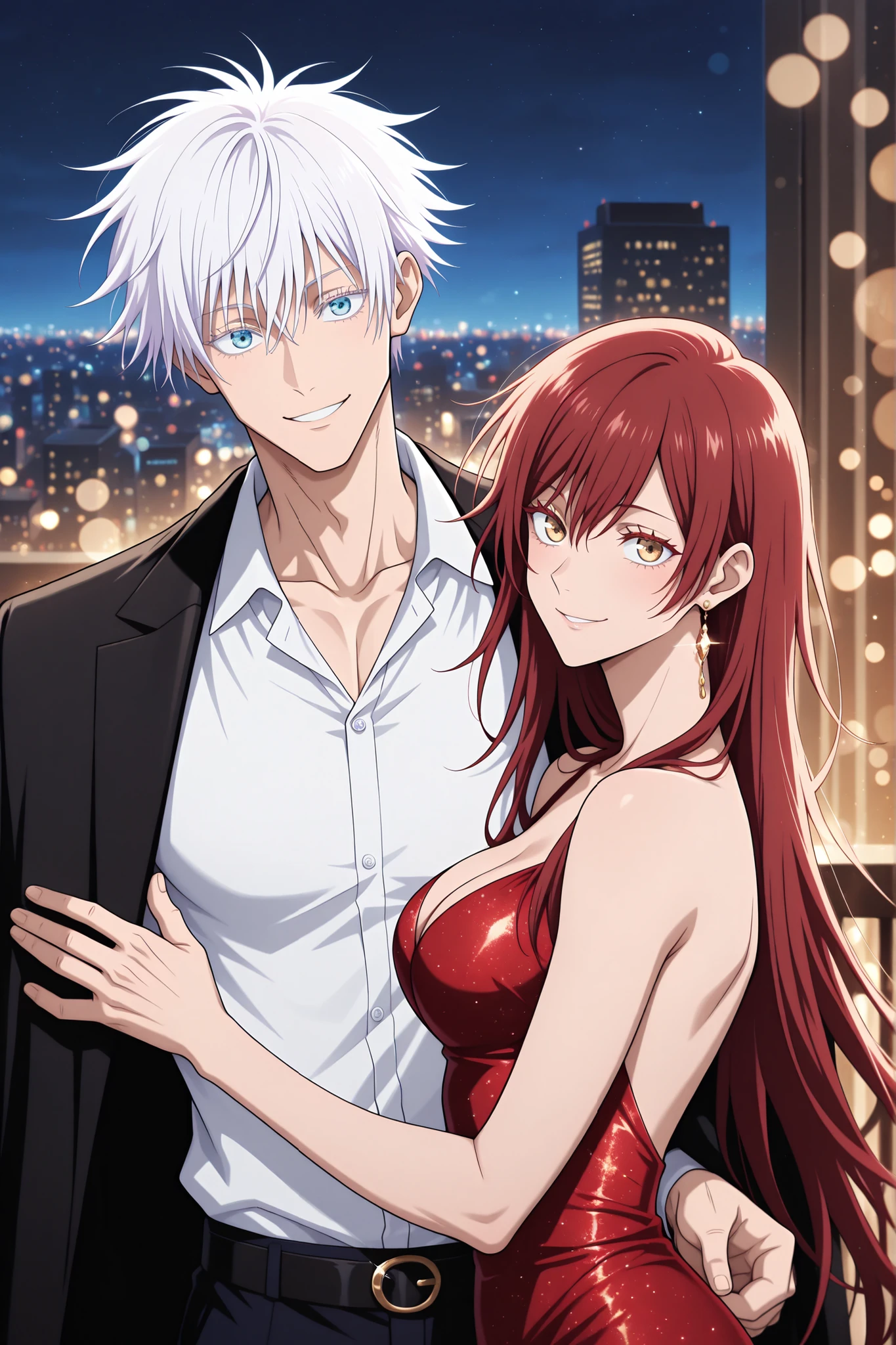 masterpiece, best quality, amazing quality, absurdres, safe, glittering, sparkle, dynamic shot, upper_body, anime screencap, official art, anime style, jujutsu kaisen screencap, BREAK very cute, smile, happy, posing for photo, cute pose, city background, couple, hetero, duo focus, size difference, height difference , BREAK 1 woman , adult , Jujutsu Kaisen , golden eyes , very long hair , (red hair) , (medium breasts:0 . 8) , petite , very cute , beautiful , solo, handsome, sexy woman, red dress, coat on shoulders, elegant, high fashion, BREAK 1man,adult, male focus, smile, gojou satoru, jujutsu kaisen, blue eyes, colored eyelashes, white hair, short hair, toned chest, sexy man, handsome face, alternate costume, male fantasy clothes, white shirt, BREAK duo focus, couple, pair, hetero, romantic, standing, sensual, fantasy, glittering, balcony, night, bokeh