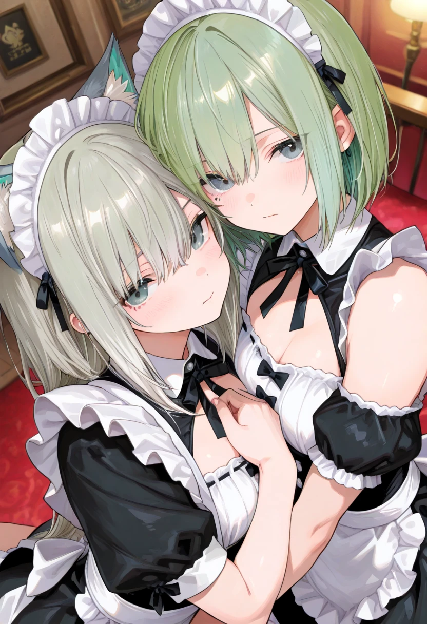 ((masterpiece)), ((best quality)), (ultra detailed:1.2), (((extremely nsfw))), full body,1 boy and 1girl are having sex, intercourse with a man ,vaginal penis , missionary,face to face, cum in pussy),((milf with pale green hair)), bob cut, braid ponytail,(hair intakes),antenna hair,small breast, flat chest , vulgarity ,((sweat)), (heavy breathing), ((micro bikini)),maid,maid apron,bedroom