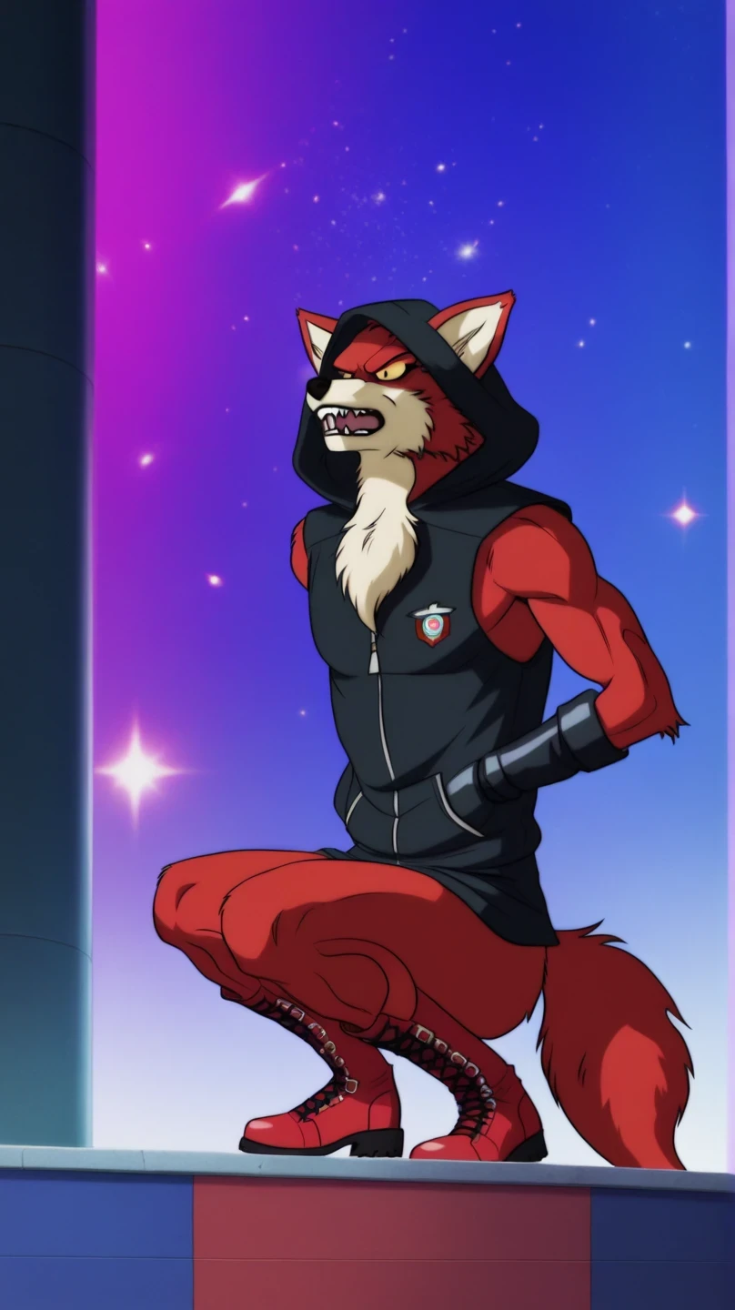 score_9, score_8_up, score_7_up, Just a boy, serious expression, Makeup for girls Basil DBS, yellow sclera, Red body, red fur, lobo, , black gloves, black nose , lobo ears, sharp teeth, fangs, hairy, anthropomorphic), fondo gradiente azul con stars , space, stars, girl makeup with the peace sign , expresión arrogante, Mouth closed, looking at the spectator, Image of a cowboy, entrepierna sin rasgos, disconnected background, 4k, masterpiece, best quality, very cool , realistic, squatting postura, full body, wolf tail, fluffy tail, worn-out red boots, crouched posture, posición frente al espectador, squatting, fluffy tail, distressed black hood