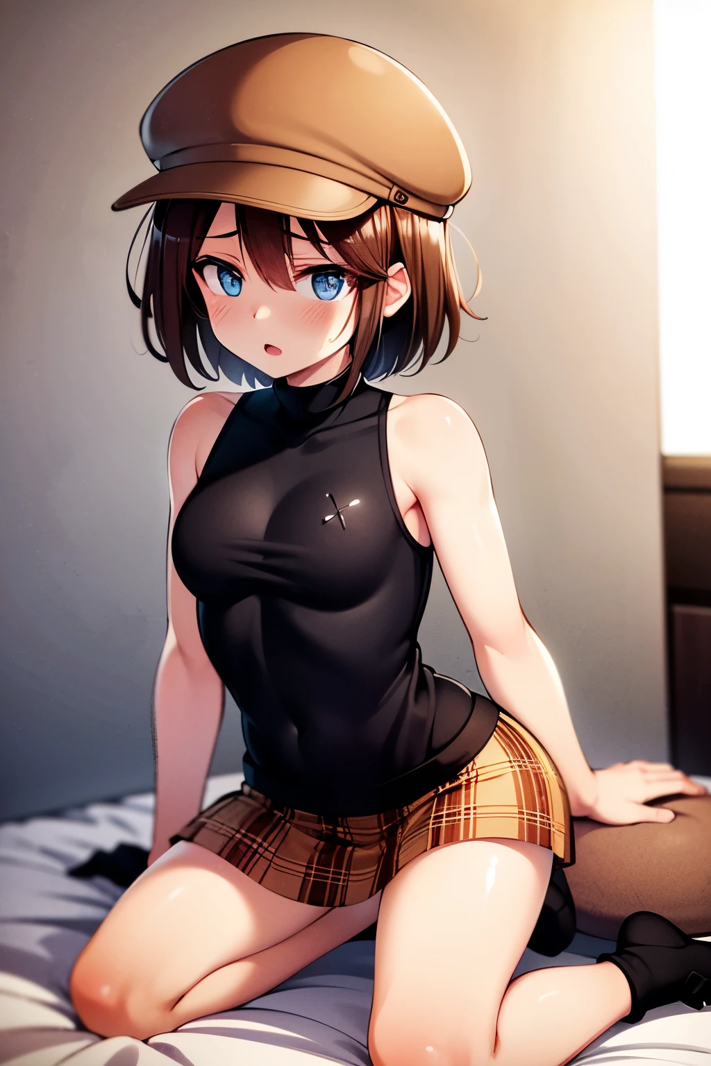 masterpiece , Best Quality, absurd, one girl: (one girl , Helga Haruka , blue eyes, brown hair, short hair , perfect anatomy, brown hat, black sweater, sleeveless turtleneck, plaid skirt ) , One man:( Middle-Aged Man 1 , perfect anatomy,full body), (Hetero sex:1.1), , love hotel