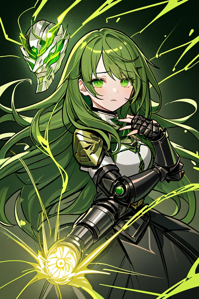 Green fluorescent long hair, golden forehead protector for women, black fluorescent armor, chest, cleavage, iron armor, skirt, iron boots, broadsword, whole body, dark clouds and lightning