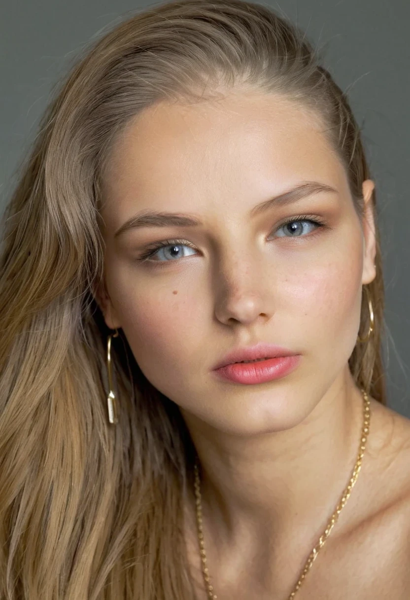 score_9,score_8_up,score_7_up, the extreme beautiful top model ruslana korshunova, mordendo o lábio, a three-quarter view of a 18yo blond woman looking sideway, enhanced femininity, dark theme, soothing tones, muted colors, (excessively defined variated skin texture, hyperrealistic, diffused light), clustered, authentic eye iris, (normal exposure:1.4) solo, 1girl, brown_hair, looking_at_viewer, simple_background, grey_background, realistic, lips, tattoo, portrait, freckles, big tattoo all over enter face, long_hair, closed_mouth, mole, grey_eyes, hoop_earrings, photorealistic, photo, masterpiece, realistic, realism, photorealism, high contrast, photorealistic, 8k HD high definition detailed realistic, detailed, skin texture, hyper detailed, realistic skin texture, armature, best quality, ultra high res, (photorealistic:1.4),, high resolution, detailed, raw photo, sharp re, by lee jeffries nikon d850 film stock photograph 4 kodak portra 400 camera f1.6 lens rich colors hyper realistic lifelike texture dramatic lighting unrealengine trending on artstation cinestill 800