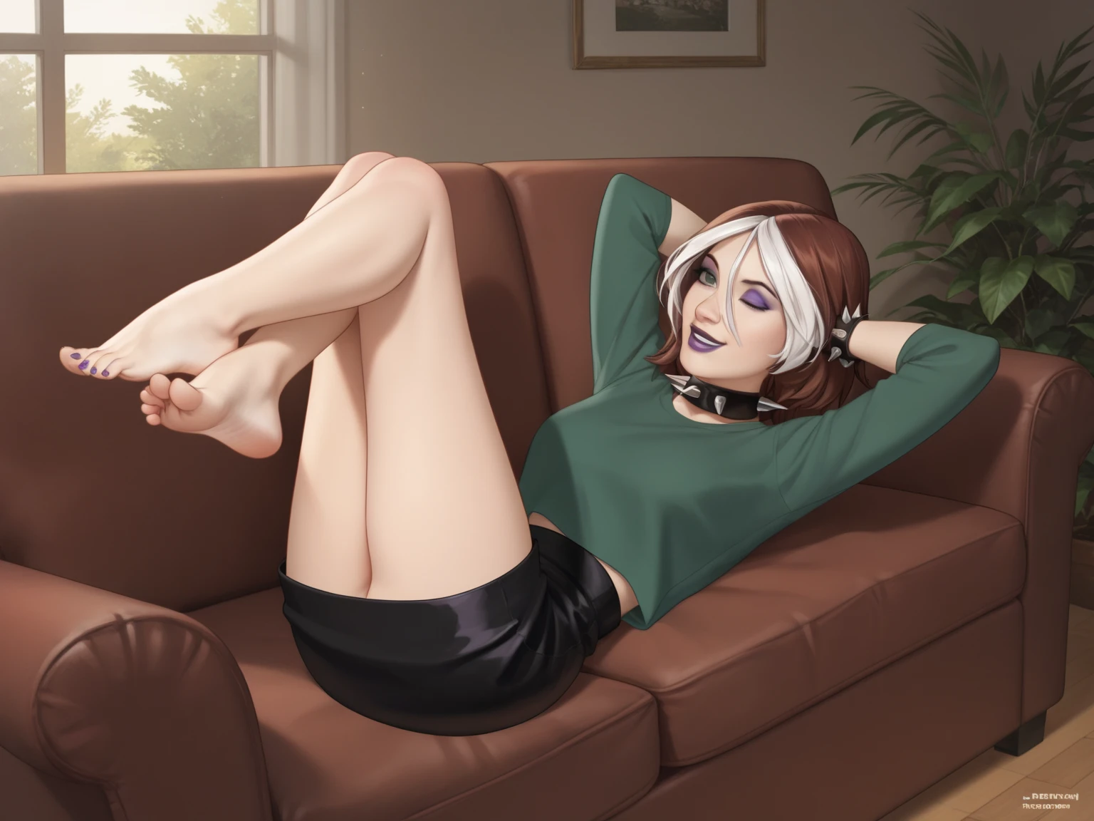  feet up, legs up high, ass view, full body, perfect feet, perfect legs, legs exposed, feet exposed, bare legs, laying on back, legs up, arms up, arms behind head, smiling, happy, indoors, living-room, couch, 1girl, source_cartoon, score_9, score_8_up, score_7_up, score_6_up, score_5_up, score_4_up, BREAK, 1girl, 1girl, Rogue, Marvel, multicolored hair, brown hair, white hair, purple lipstick, purple eyeshadow, green eyes, see-through shirt, black skirt, skirt, spiked collar, spiked bracelets, 