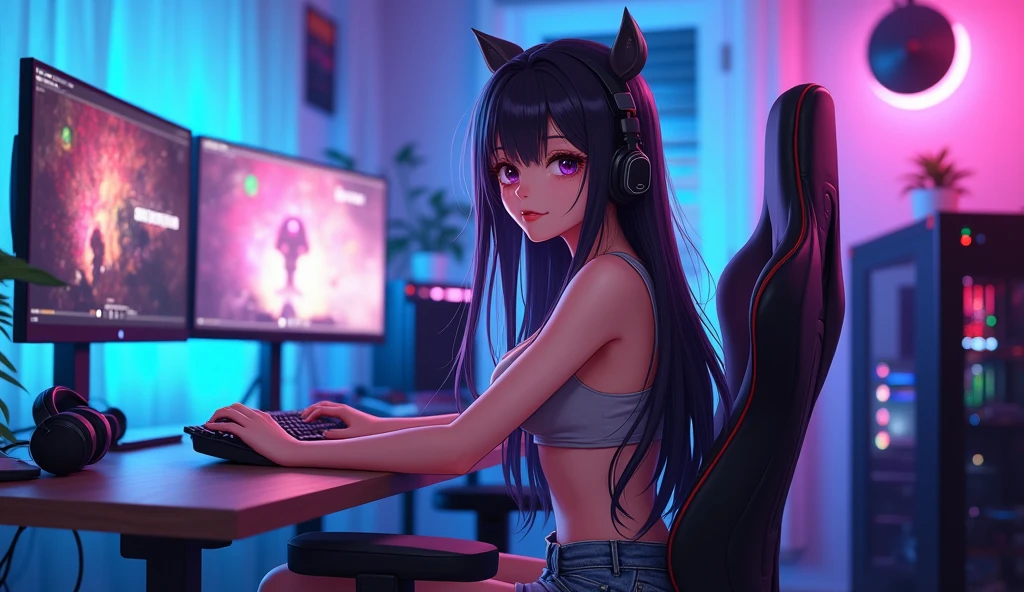 score_9,score_8_up,score_7_up, sierra, a young nerdy Anthro furry wolf woman, white furry body, tall, awkward, long black messy hair, hair covering one eye, long black hair, blue eyes, small breasts, white wolf tail, wearing oversized red shirt, black panties,sitting on a gamer chair, leaning back, holding a ps5 gaming controller, looking at a tv screen, wearing gaming headphones, hands on a keyboard, raised eyebrows, mouth open, eyes half open, hands on a keyboard and mouse, in a messy bedroom, side view,