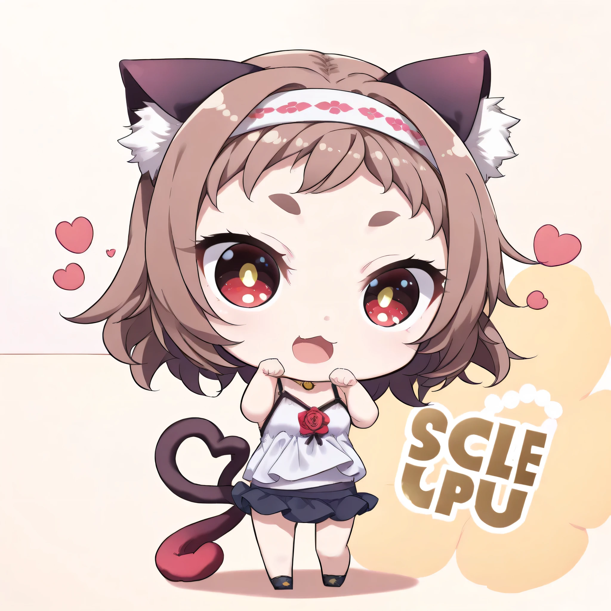 score_9, score_8_up, score_7_up, (solo, 1 girl,  Matana Katomiya, Red Eyes, dark brown hair, rose twin-tail,headband,winks next door、 Very short bangs, Cat ears, white fur inside Cat ears), ((( chibi, change, thin, small, short))), (cute camisole、miniskirt), stand up, throw kiss,heart ((2 Cats' Tails:1.2)), cute face, big eyes, Cat&#39;s Eyes,  eyelashes, lower  eyelashes, (((gold pupils))), Short and thick eyebrows, , proud smile, open your mouth、fish background、swimming tuna、
