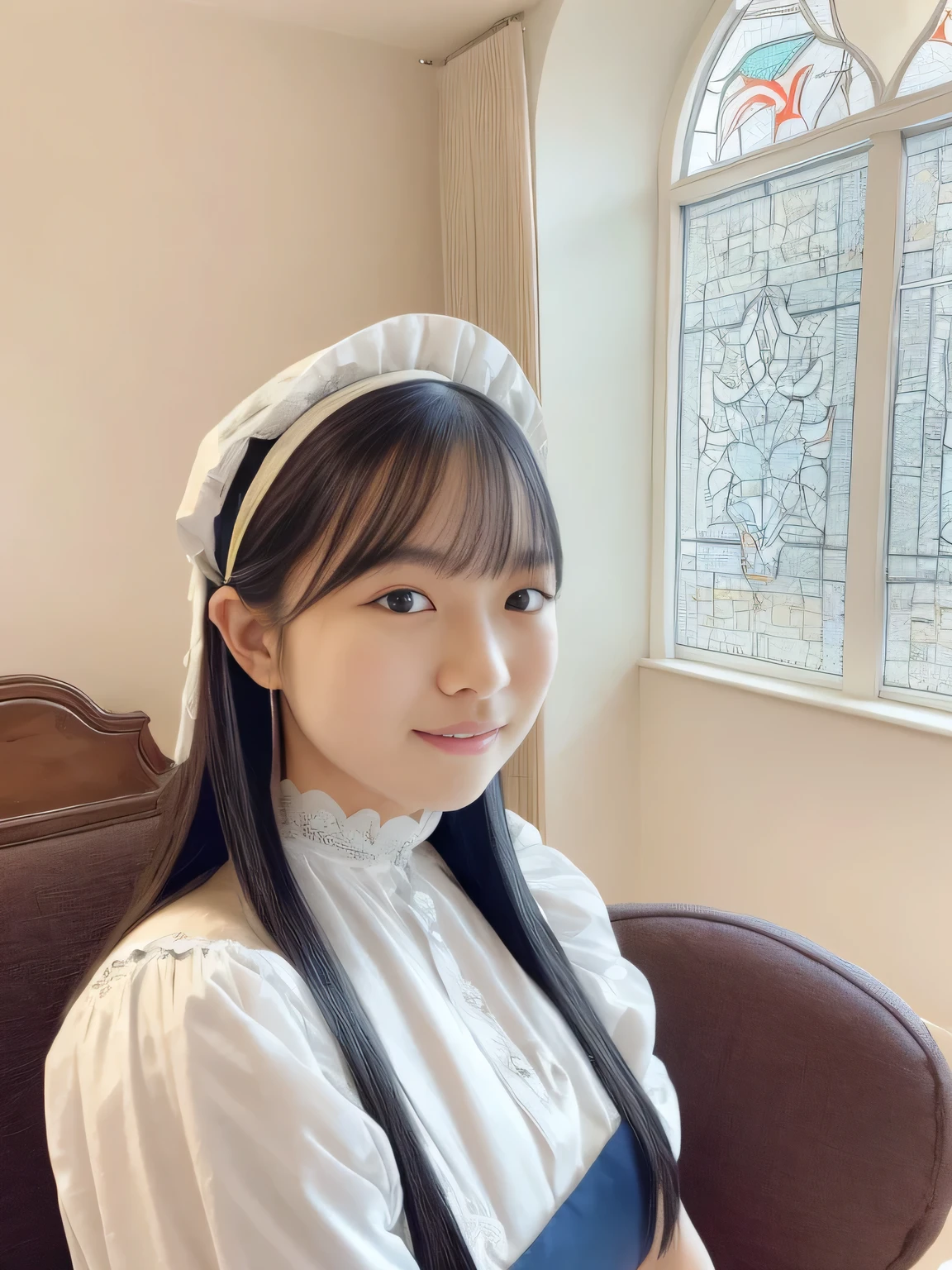 (((black hair long straight hair)))(((blue and white edwardian maid outfitを着た女の子))) blue and white edwardian maid dress blue and white edwardian maid outfit Girl in Japan maid outfit blue and white gothic maid outfit blue and white edwardian maid outfitの女の子 Maid Headband with Large Ruffles (((Shining stained glass large room with shiny marble Luxury furniture lavishly decorated living room))) Big Glass Windows Japan look at the camera Dear Smiles ((( Dynamic Pampering Poses )))(((dynamic scene)))(((low angle)))