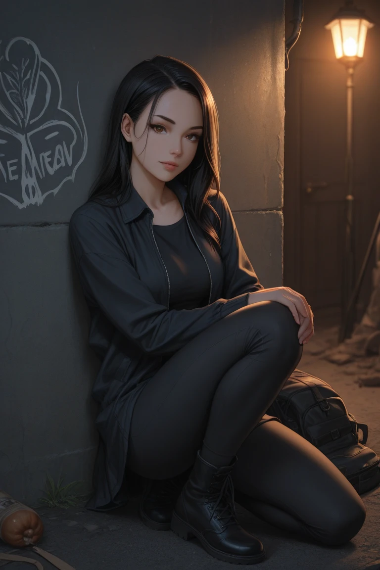 A girl with black and white hair,Wear a black skinny leather jacket with futuristic elements,Delicate face and uneven figure,Snow-whiteskin,lying on one's side on bed