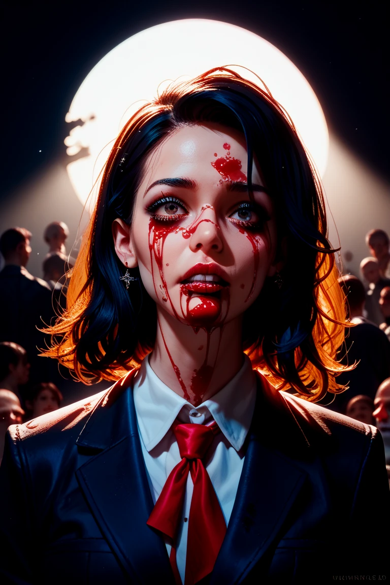 ((27 years old, open eyes)), (8K, top quality, masterpiece: 1.2), (red eyes)), (very desperate expression, red eyes, very frightened), ((tears, distressed face, bitterly crying face, sharp long vampire fangs in open mouth))