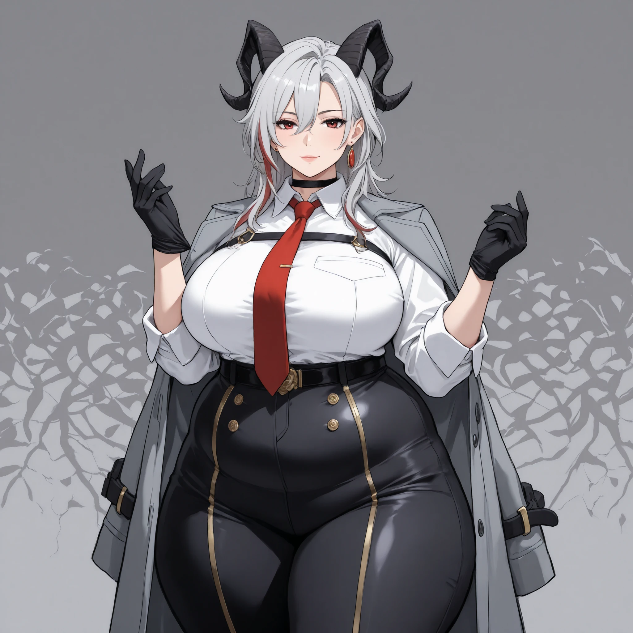 best quality, very aesthetic, intricate details, 1 woman, Mature female, 1girl, solo, mature female, smiling, closed mouth ,1girl, solo, mature female, masterpiece, best quality, solo, 1girl, z4ni, expressionless, looking at viewer, standing, adjusting gloves, long hair, multicolored hair, grey hair, hair between eyes, goat horns, demon horns, red eyes, grey coat, coat on shoulders, white shirt, collared shirt, red necktie, long sleeves, black gloves, black pants, earrings, black choker, large breasts, grey background, abstract background, adult female , mature female, whole body, chubby, chubby girl, curvy, large breasts, lips, plump, thick thighs, thighs, (((oversized gigantic stomach)), curvy, large breasts, lips, plump, thick thighs, thigh, immobile