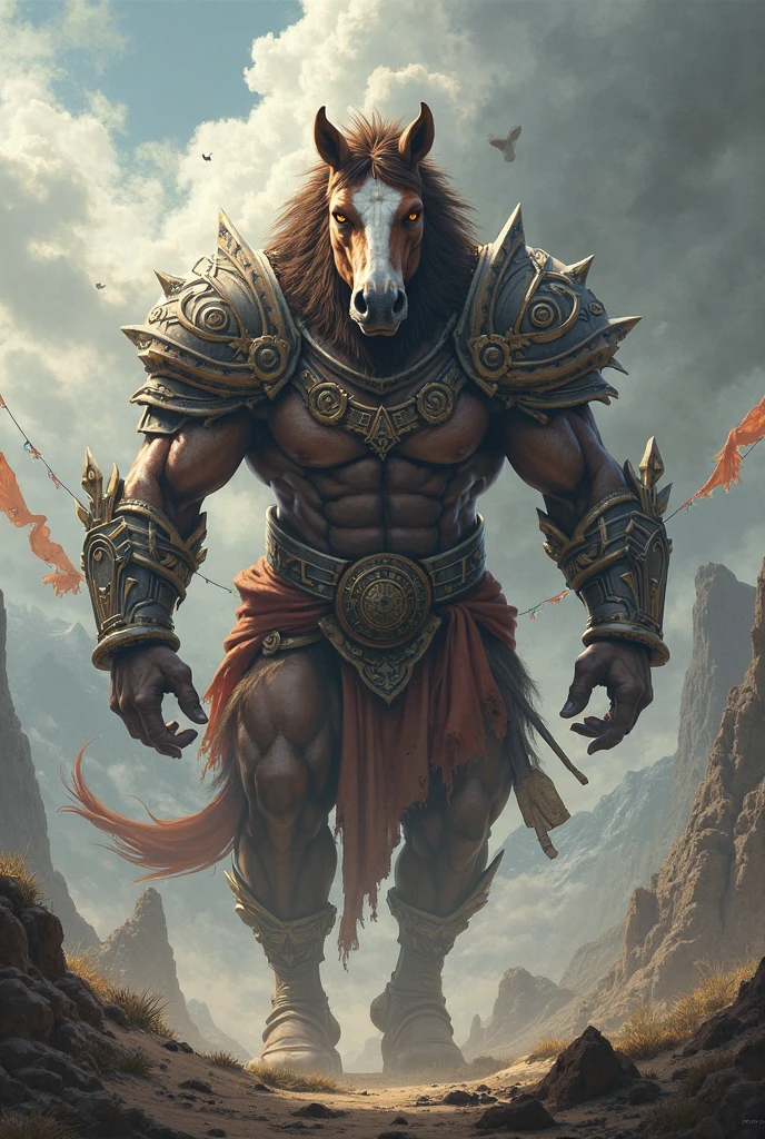 a strong muscle centaur male, fighting for his tribe and bleeding sharp.