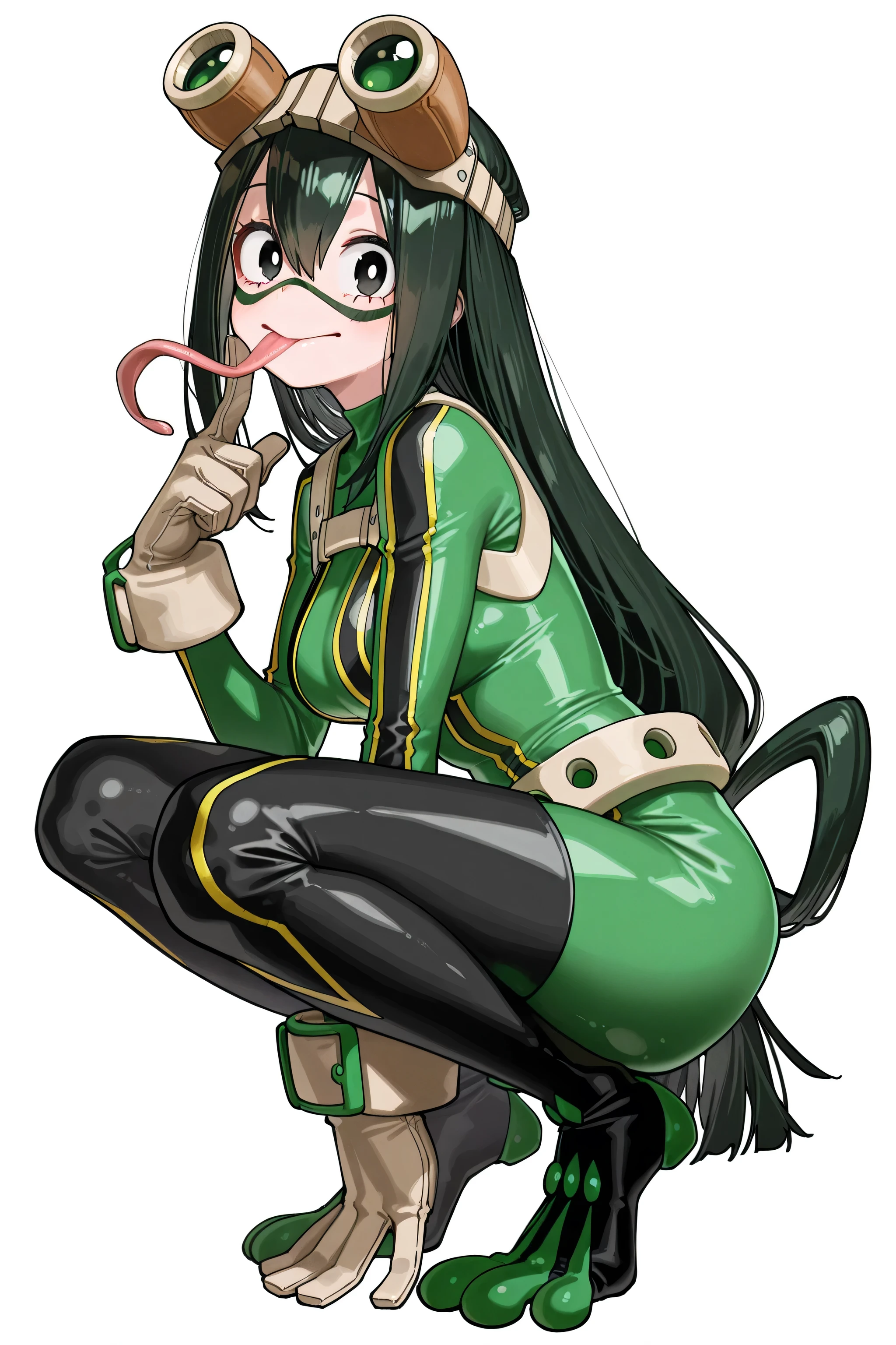 kmj-anonstyle, [artist:yoneyama mai], [artist:kanzarin], [artist: ekrea_jan], masterpiece,best quality,amazing quality, 748cmstyle, solo, eye focus, boku no hero academia, asui tsuyu, 1girl, between legs, black eyes, bodysuit, breasts, bright pupils, finger to cheek, from side, full body, gloves, goggles, goggles on head, green bodysuit, green hair, hair between eyes, hand between legs, long hair, long sleeves, long tongue, looking at viewer, looking to the side, medium breasts, simple background, smile, solo, squatting, superhero costume, tongue, tongue out, very long hair, white background, white pupils