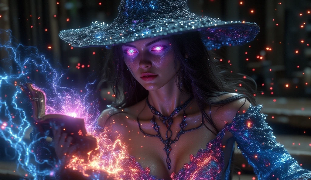 A young futuristic female sorcerer with a glowing floating small crystal stone, releasing mysterial spell and magical power, facing and defeating dark forces and beings. She stands with her right hand raised forward with a blue fire of light, Sun Wukong is chasing behind, at night, (1girl, solo, alone), photorealistic, large-breast slim:0.6 body, oval:0.5 face, cleavage:1.1, very low angle view of pleated miniskirt, deep-v, (upskirt), glove, (Matrix style black micro sunglasses), dynamic running pose, (half-body thigh level close-up shot), cinematic lighting, ray tracing, motion blur background.