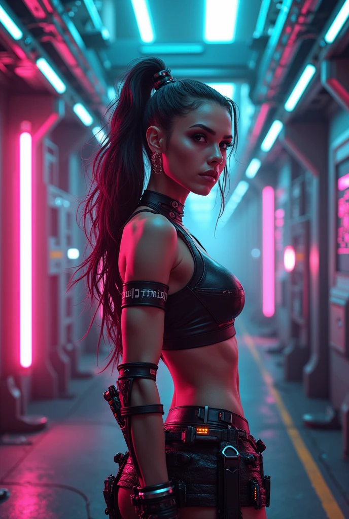 (extremadamente detallado, obra maestra, La mejor calidad), intense illumination, mujer dentro de exoesqueleto cyberpunk. luces de neon, cables, entorno industrial. armamento pesado, Giant fists. garras en los brazos roboticos.