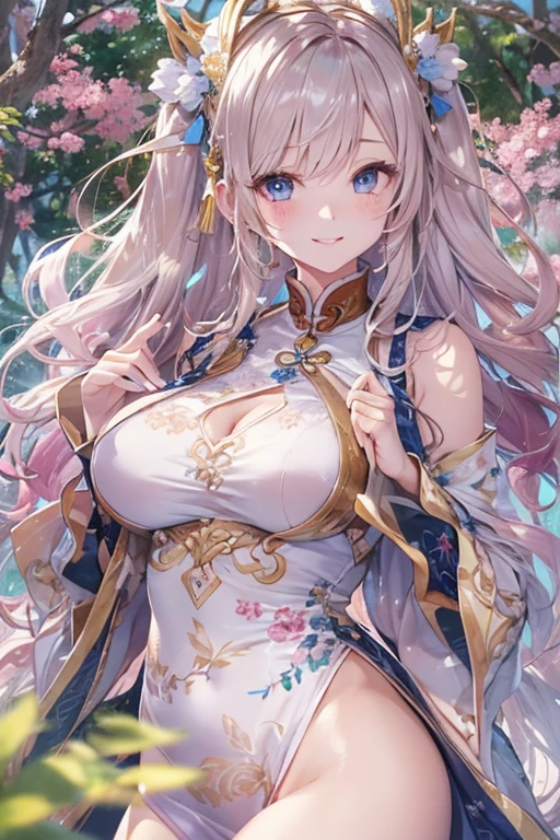 ((highest quality)),(Ultra-high resolution),(Very detailed),(Detailed Description),((The best CG)),(A masterpiece),Ultra-precise art,Amazing drawing art,(Art with precise detail:1.5), (Adult female:1.5),(Beautiful and well-proportioned face:1.4),(Big Breasts:1.6), A paradise filled with colorful flowers,