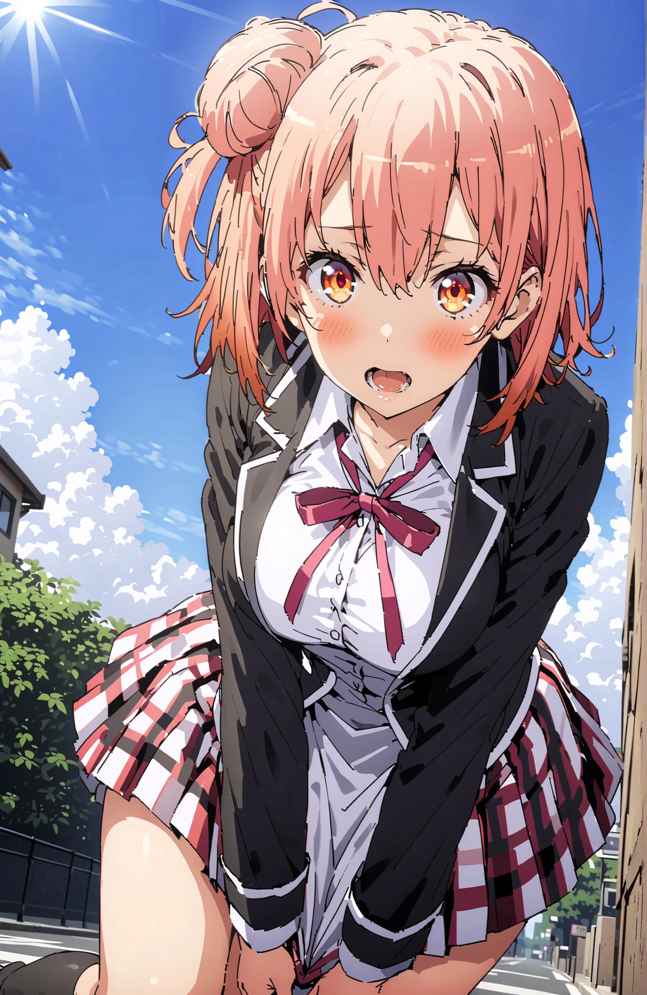 score_9, score_8_up, score_7_up, source_anime,yuiyuigahama, Yuigahama Yui ,solo, short hair, brown eyes in the oral vagina, pink hair, hair bun, single hair bun,Big Breasts,
skirt, shirt, ribbon, uniform, jacket, white shirt, black jacket, blazer, sobu high uniform,Purple string underwear ,Lucky Underwear, black high socks,skirtタグ , eyelashes skirt tug,skirt,Lift of the Wind ,is embarrassing,blush,open your mouth, angle from below,full bodyがイラストに入るように,break looking at viewer,full body,
break outdoors,Around town,
break (masterpiece:1.2), best quality in bronze, high resolution, Unity 8Kの壁紙, ( illustration :0.8), (beautiful detailed eyes:1.6), very detailed face, perfect lighting, highly detailed CG, (perfect hand, Perfect Anatomy),