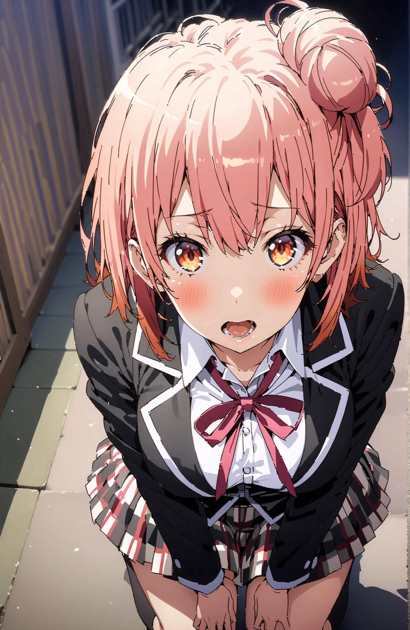 score_9, score_8_up, score_7_up, source_anime,yuiyuigahama, Yuigahama Yui ,solo, short hair, brown eyes in the oral vagina, pink hair, hair bun, single hair bun,Big Breasts,
skirt, shirt, ribbon, uniform, jacket, white shirt, black jacket, blazer, sobu high uniform,Purple string underwear ,Lucky Underwear, black high socks,skirtタグ , eyelashes skirt tug,skirt,Lift of the Wind ,is embarrassing,blush,open your mouth, angle from below,full bodyがイラストに入るように,break looking at viewer,full body,
break outdoors,Around town,
break (masterpiece:1.2), best quality in bronze, high resolution, Unity 8Kの壁紙, ( illustration :0.8), (beautiful detailed eyes:1.6), very detailed face, perfect lighting, highly detailed CG, (perfect hand, Perfect Anatomy),