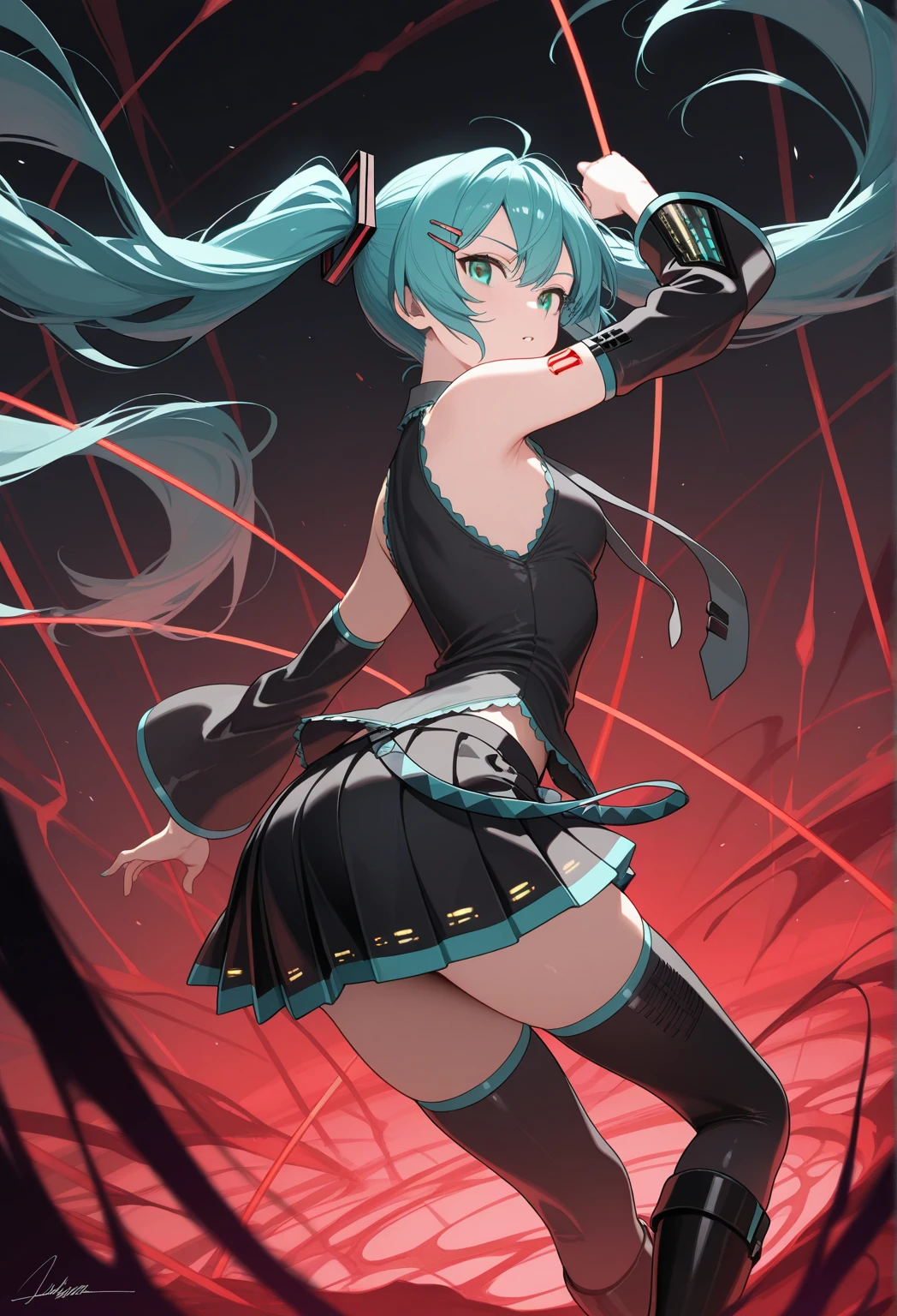 Hatsune Miku fights by making weapons with her own blood、large Scythe、Skyscraper at sunset、Anime Face、glareing、Erotic costumes、Braless、big butts、open one's legs