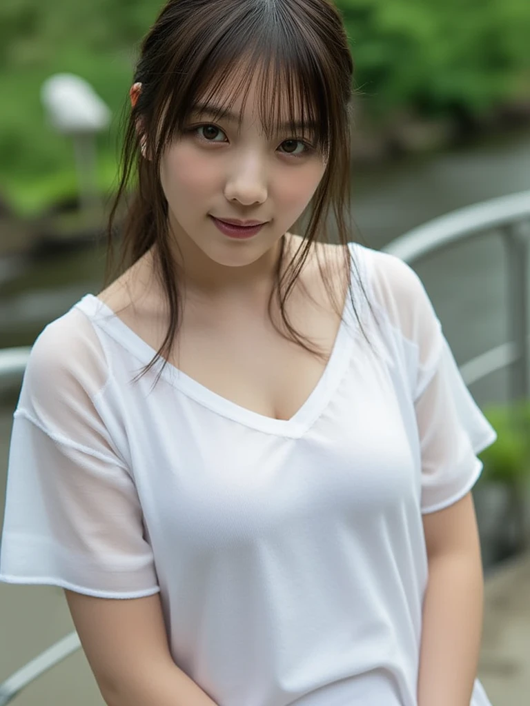 8K,masterpiece,Japanese,11-year-old girl,from the front,smile,cute,Innocent face,Innocent,Kind eyes,Childish,(Plain T-shirt,Short sleeve,Shorts),semi-long,Hair blowing in the wind,Black Hair,Somewhat strong wind,noon,bright,Gravure idol pose, (Large Breasts:1.2),(Emphasize the chest:1.2)