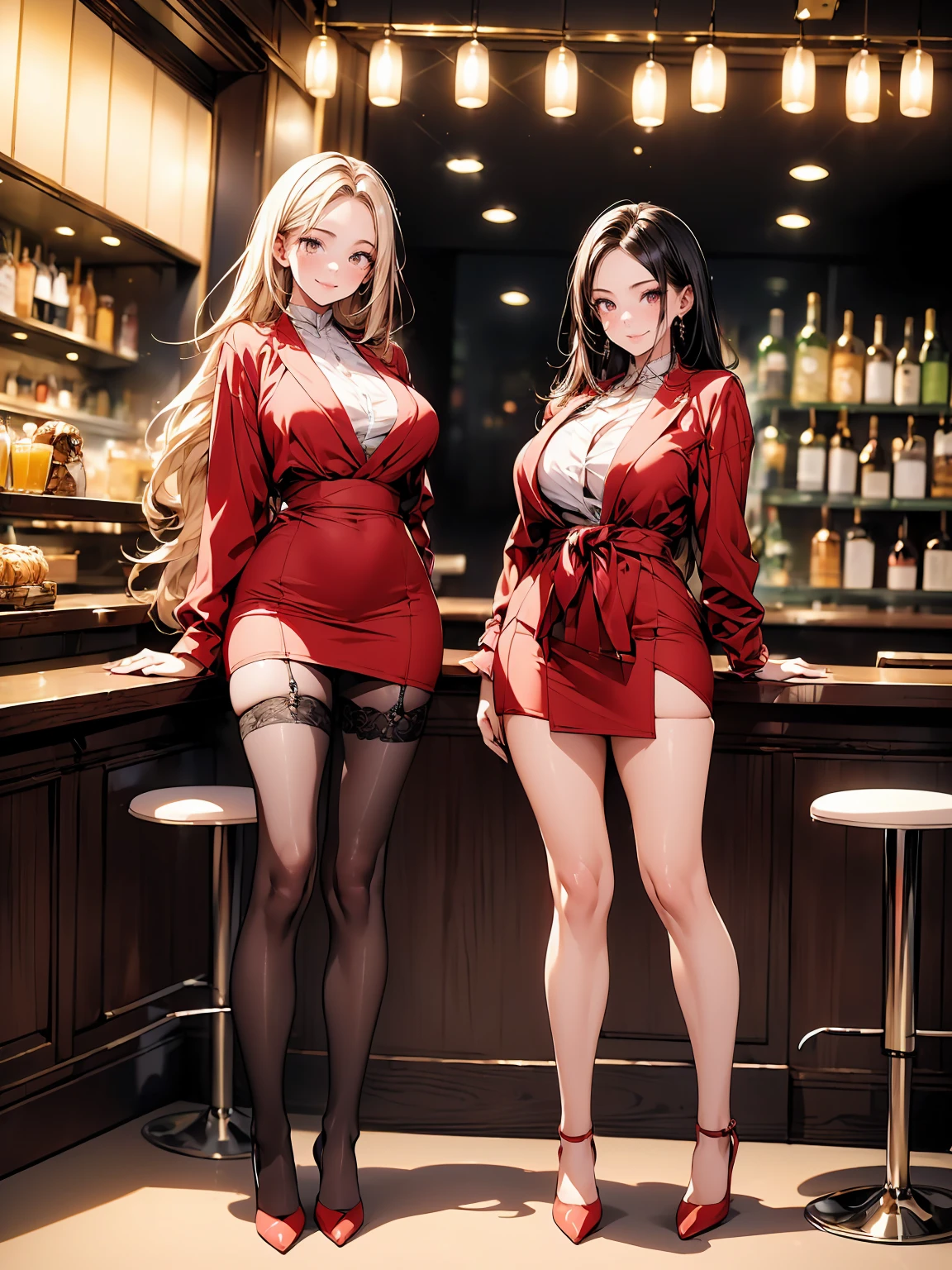 highest quality, super detailed,  High resolution, 8K, 20 year old beauty、(three women),cute hairstyle,sexy pose,smile、smiling、sexual expression、whole body,perfect skin,big breasts,
bodycon dress＆ハイヒール
- bodycon dressは体のラインを強調し、Enhances feminine curves。We recommend colors that give a sexy impression, such as black or red.。
- High heels give leg lengthening effect、enhances femininity。Choose the heel height that matches your style。

Tops that emphasize the décolleté＆スカート
- Tops that emphasize the décolletéは、Includes off-shoulder and deep necklines。Design that fits your body line gives you a sexy impression。
- For skirts, miniskirts or ones with slits create a sexy impression.。Popular colors include black and red.。

Lace and see-through items - Lace and see-through items、You can effectively incorporate skin exposure.。blouses and dresses、Create a sexy look with skirts etc.。

