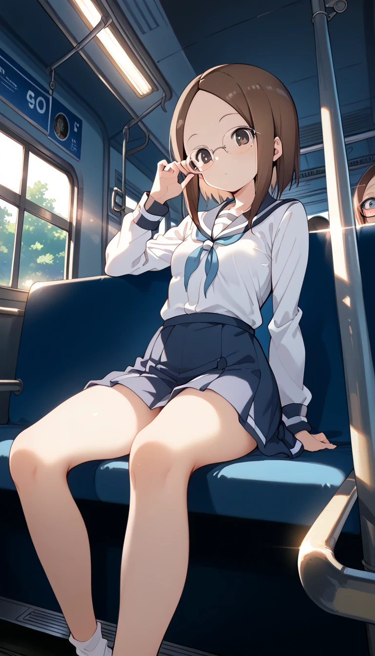 Tram stop passengers around Elementary school girl 8 years flat chest for the black broad The eyes are purple. ((1 person)) Sailor uniform long sleeve white upper body Navy blue underbody mini skirt white panties white socks sport boots standing at the stop Open your legs a little((I can see white panties)) FROM THE FRONT Dynamic Angle low angle