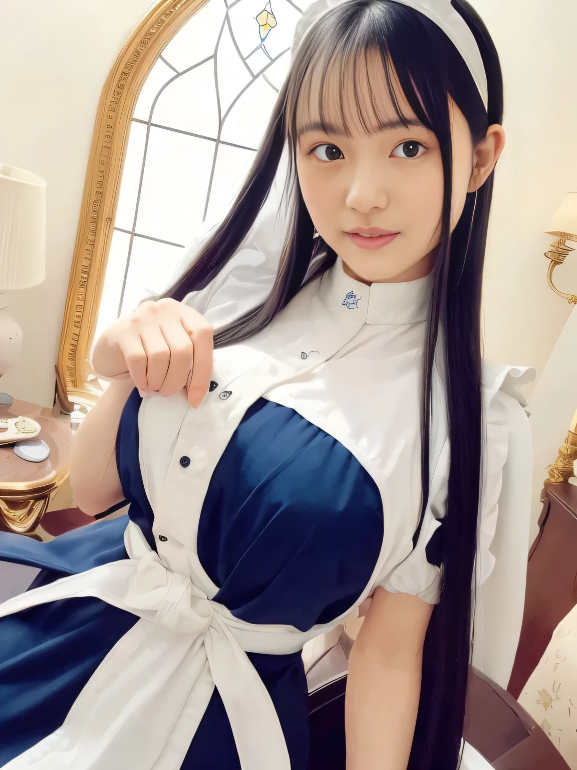 (((black hair long straight hair)))、(((blue and white edwardian maid outfitを着た女の子))) blue and white edwardian maid dress blue and white edwardian maid outfit Girl in Japan maid outfit blue and white gothic maid outfit blue and white edwardian maid outfitの女の子 Maid Headband with Large Ruffles (((Shining stained glass large room with shiny marble Luxury furniture lavishly decorated living room))) Big Glass Windows Japan look at the camera Dear Smiles ((( Dynamic Pampering Poses )))(((dynamic scene)))((( waist up angle )))