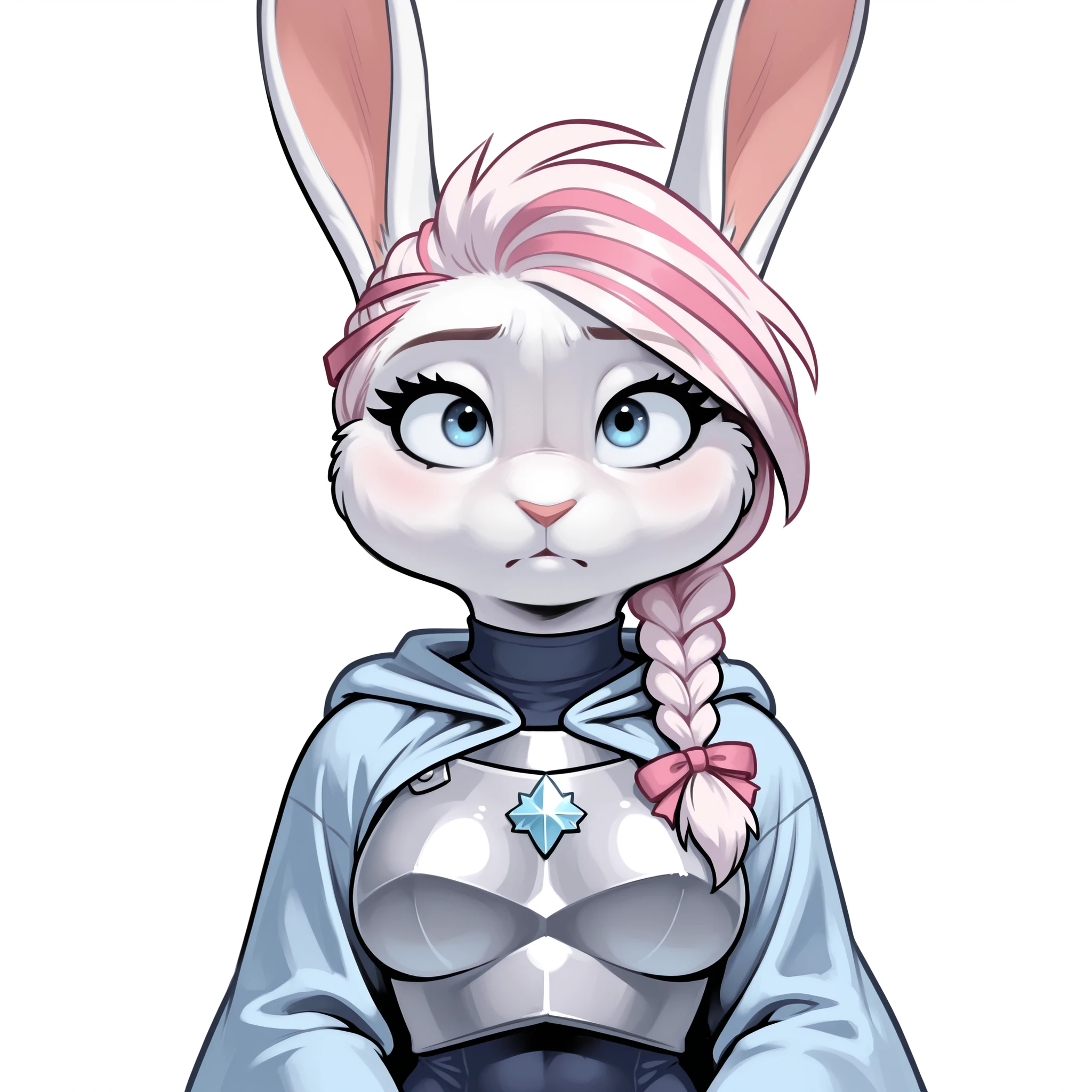 masterpiece, best quality, amazing quality, anthro bunny, female, (solo), big blue eyes, big eyelashes, white fur, medium breasts, hopeful, kind, gentle, small hands, looking at viewer, young, looking at viewer, (medium white pink hair), single braid, (dark blue one-piece suit), white background, (baggy light blue wizard robe), (large pink ribbons on hair), (bunny ears), (portrait), (face focus), (silver chest armor), (from the side)