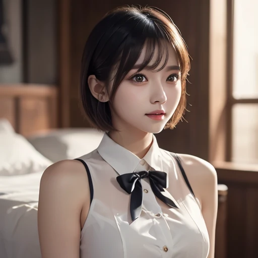 Masterpiece, top quality, official art, highly detailed CG Unity 8K wallpaper, like a schoolgirl, very delicate and beautiful, ultra high resolution, (photorealistic: 1.4), golden hour lighting, (upper body), (platinum shorthair: 0.8), (puffy eyes), looking at the viewer, facing the front, smiling, JK skirt, white dress, Shirt Lift Long Black Hair