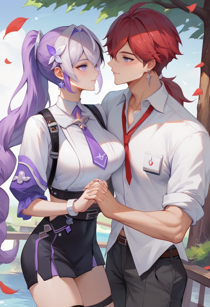 yinji,1 girl and one boy,Holding Hands,purple_hair,purple_Eye,Very_long_hair,grey_hair,Braided_Ponytail,Large target_breast, Red hair boy,Wearing a white shirt,Very handsome red hair boy,With purple hairHolding Hands,girl and boy kissing big breast,boy chest in grabbing breast girl , slope_hair, The background is dreamy