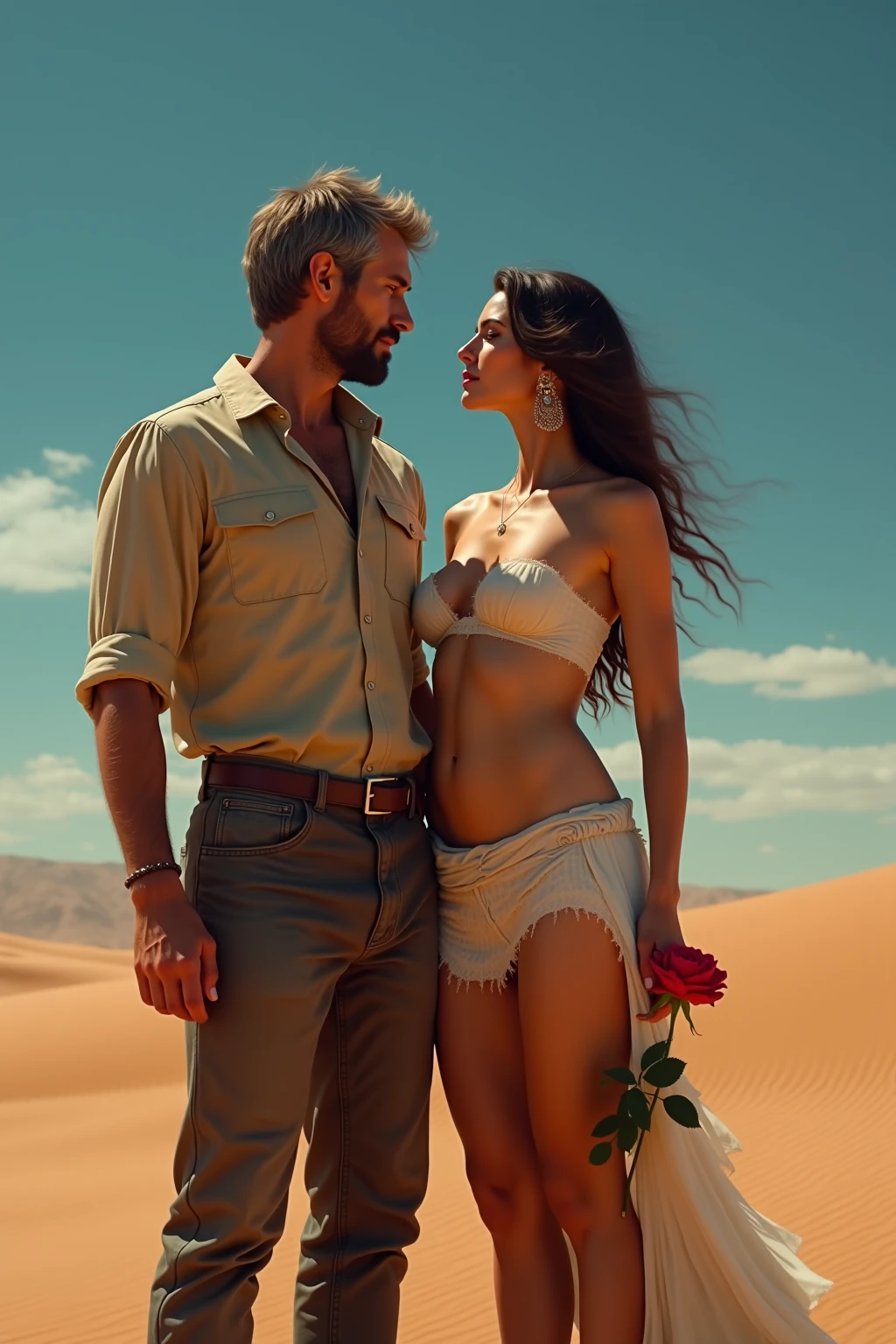 Damon Salvatore, shirtless and exuding rugged charm in biker attire, leans against a heavy bike under the scorching Nevada sun. His muscular physique glistens with sweat as he gazes intensely at Elena Gilbert, who stands beside him in hot biker lingerie. Elena wears a white buttoned shirt loosely opened, revealing her enticing figure and adding to the sizzling desert atmosphere. The backdrop features endless dunes and a clear blue sky, enhancing the passionate tension between them. Capture their fiery chemistry amidst the desert's raw beauty, conveying a scene of intense desire and heat."