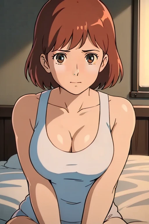 looking at the camera、When I Look at You、lookatviewer、Anime Style、Eroge、1 Girl, (Huge breasts), (Tight white camisole dress)、Low Angle、Brown haired, hair band、Bob Hair、The forehead is visible、blush,The whole body is visible:1.5