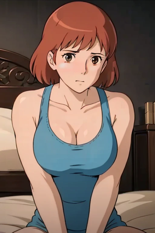 A Female robot wears white plain dress. She is laughing happily in bed room, spread legs, nude, banzai pose,  Brown short hair is tied with two big red clothespins, She lifts up the under hem of her white plain dress, leaning over, masterpiece, very short pigtails,brown hair, mature, android, blue eyes, full body figure, Height: 160cm, flushed cheeks, 2020s anime picture, she is loved in missionary angle, A beautiful robot with short brown hair in two short pigtails held up by two very large huge red clothespins, Uplifting, No NSFW, whole body, barefoot, archaic smile, getting orgasm, 25 years old, sweat bucket,  She is half sitting posture or crouching position.