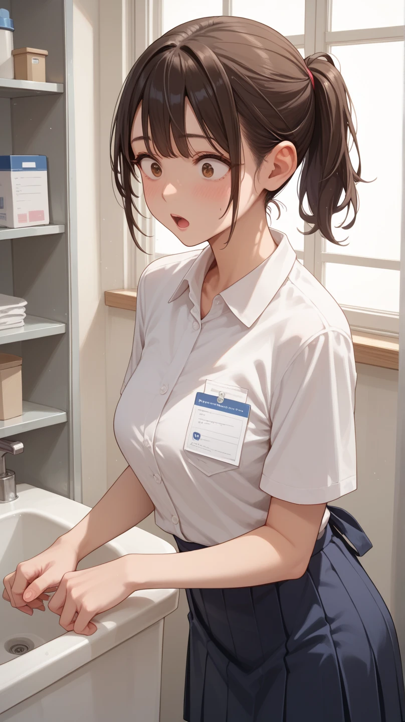 master piece , best quality , ultra detailed , woman , smile , shiny hair , beautiful eyes , kawaii , cute , Nurse uniform, white scrub top, pants, ID badge, warm smile, hospital background