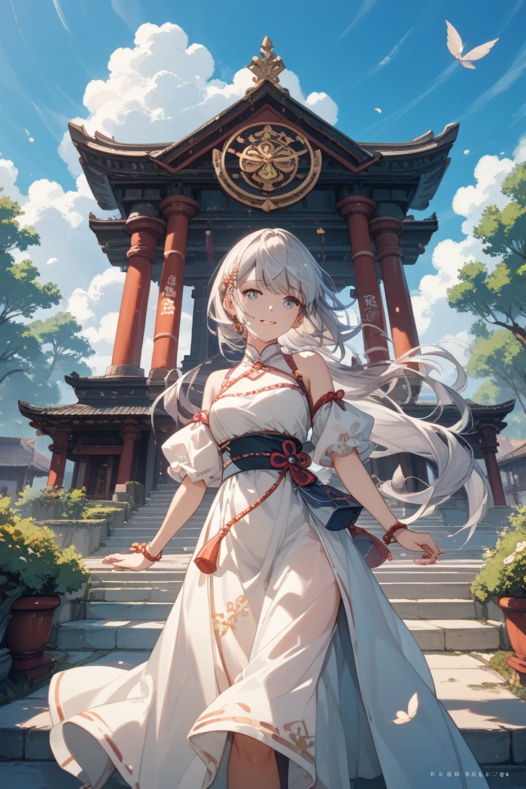 Cartoon with several frames of a huge city floating in a space comparable in size to Atlantis, In the tower that shines with soft light.Mt. Fuji towers majestically and gracefully、Konohanasakuyahime smiles kindly、The princess's breasts are huge、Japanese dress fluttering in the wind、The best illustrations、