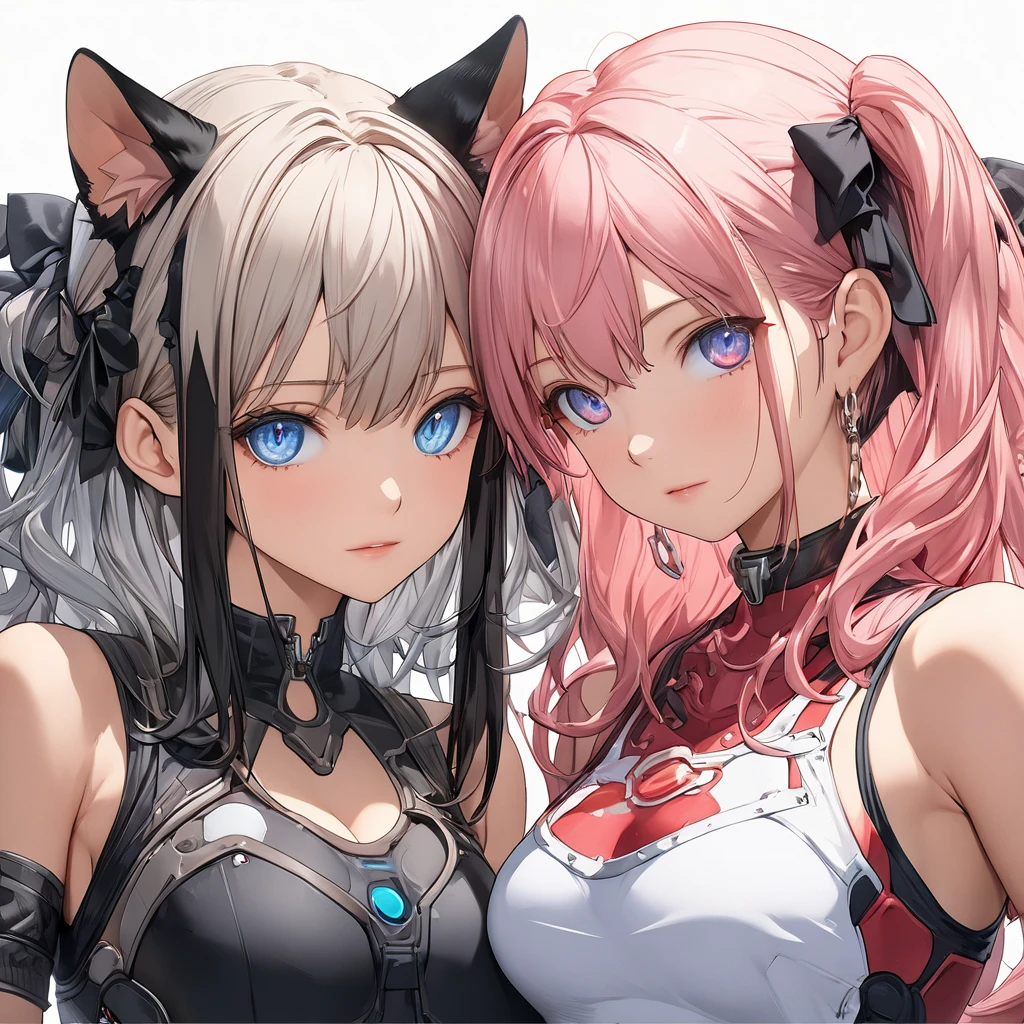 masterpiece, best quality, 2 cat eared girls, (kissing), (groping), blushed face, mischievous facial expression, female knight armored, hand on chest, girl, touching breast, (full body:0.8), standing and hugging each other.