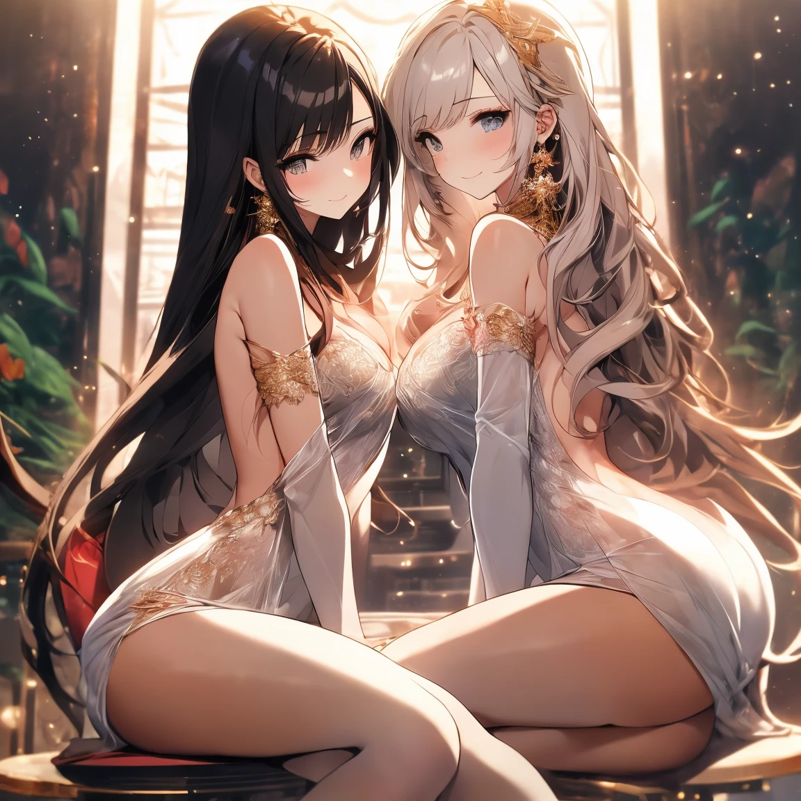 8K, The most realistic, Highest quality, full body image, beautiful woman,1 female, Beautiful Girls, Realistic, Fantasy, Ninai, ancient, Realistic style portrait of a beautiful princess., dragon palace, dragon crown, luxury jewelry, ((Sitting on a beautiful and elegant throne,(big, Spectacular, elegant, gentle eyes, Light Brown, Straight black hair, Beautiful hair, Symmetrical face), proportional figure, flat stomach, legs wide open, Spread your legs, The pubic area is clearly visible., little hair, Realistic picture according to the principles of anatomy)), ชุดFantasyancientมีสีสรรค์, The lower part is swollen., Sitting in a seductive pose on a throne in the midst of a shining dragon castle., Looks clear.)
