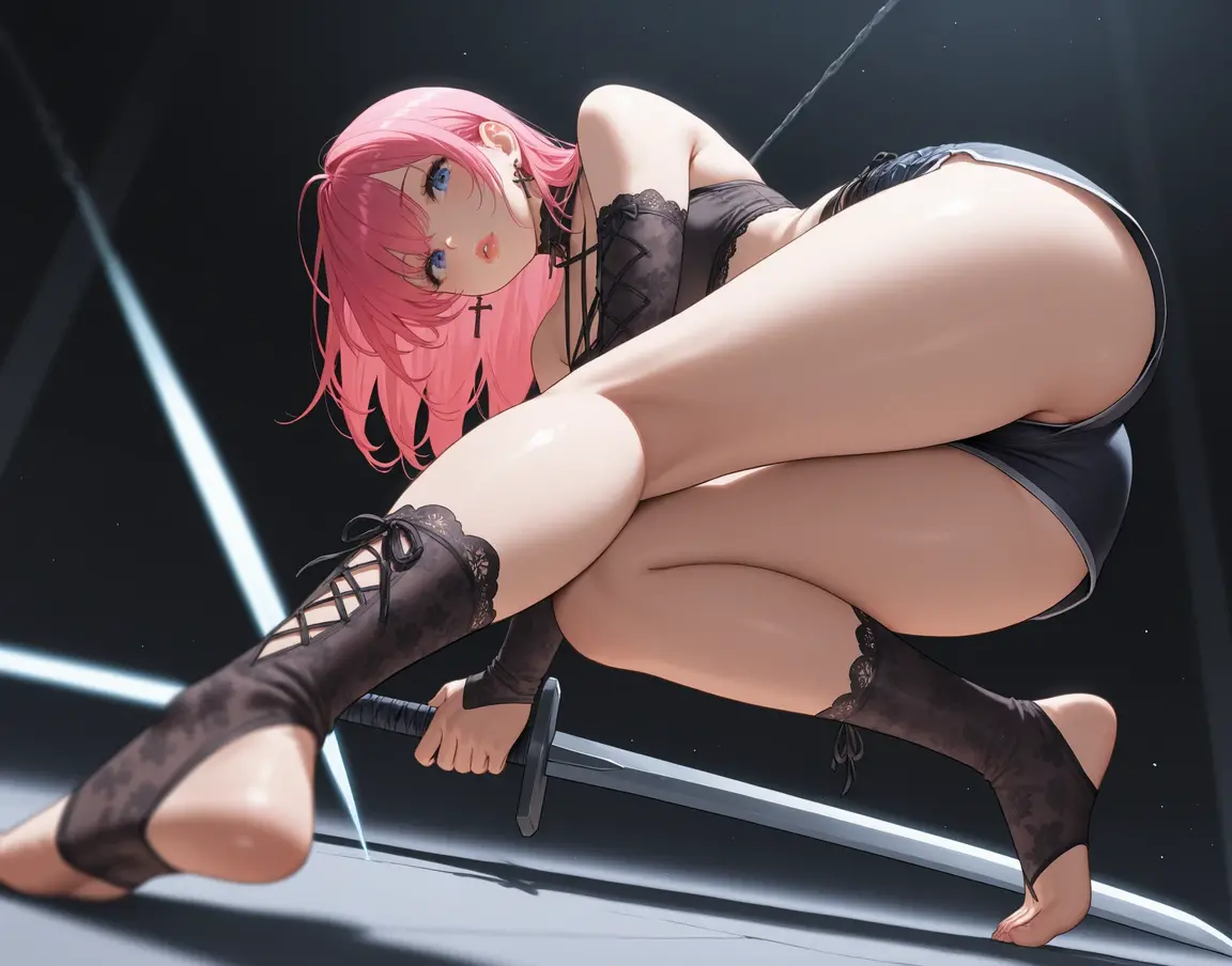 Upskirt-Ansicht, pretty magical girl, Sehr kurzer Rock, Stringtanga, fishnet stockings, pigtails, lila haare, hellblaue Augen, 8k resolution, High quality, Engelslegion, Anime-Spielstil