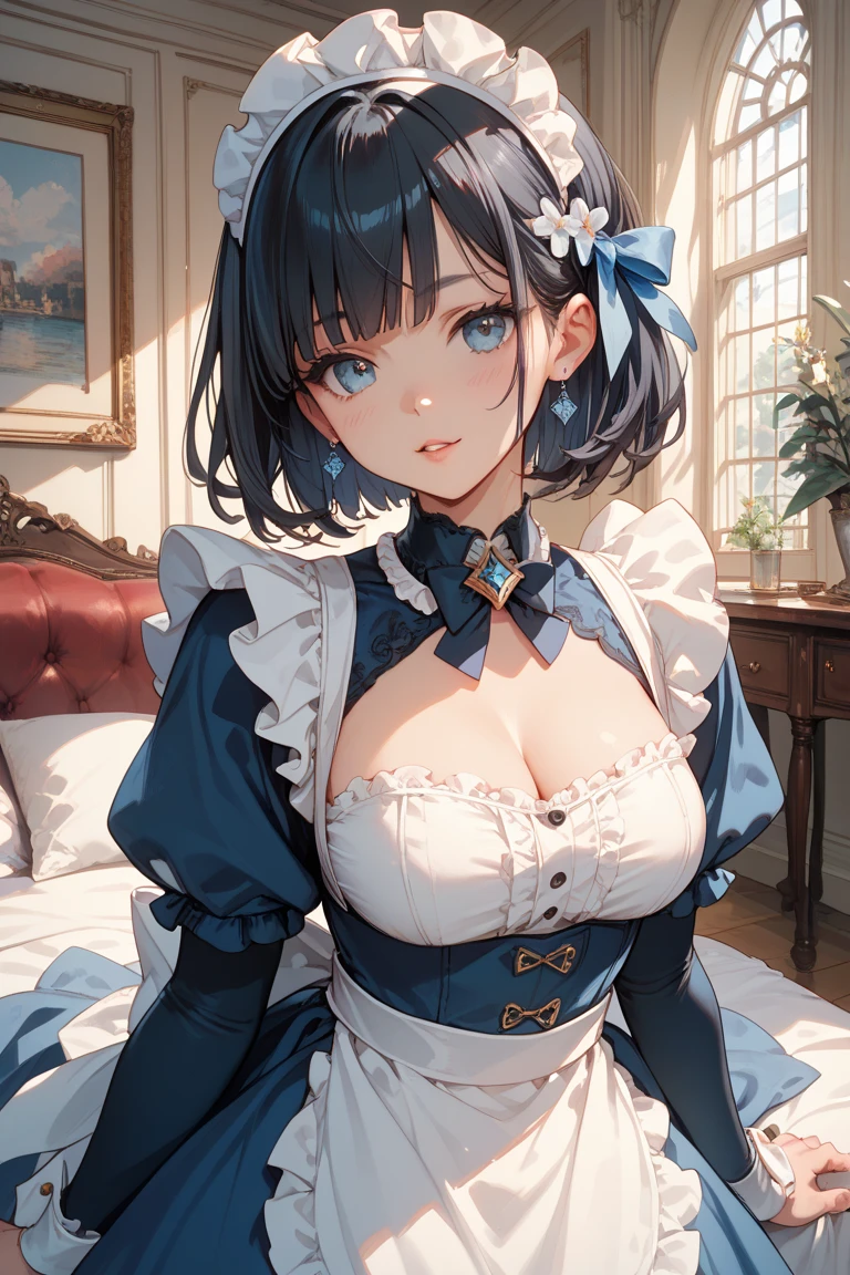 A beautiful girl wearing a blue maid outfit with lots of frills and lace　Long sleeve　Black bob with hair ornament　Upper Body　Big Breasts