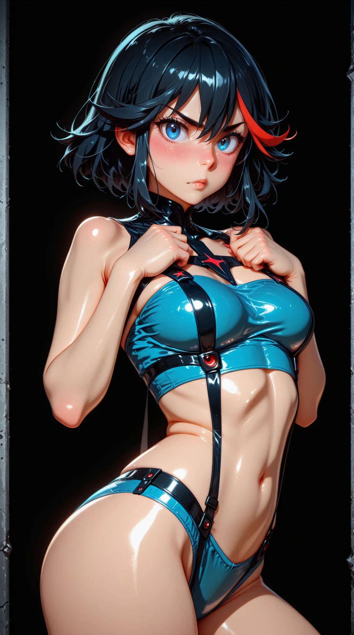 A Female robot exposes her inside mechanical organ. spread legs, nude, banzai pose. she wears no dress. Her Brown very short pigtails is tied with two big red clothespins, masterpiece, mature, android, blue eyes, full body, Height: 160cm, flushed cheeks, Uplifting, No NSFW, whole body, barefoot, archaic smile, orgasm, sweat bucket. no panties, full body shot, floating hair, looking away. cyborg made from rung to heaven. She leans arching her back hi-res position.