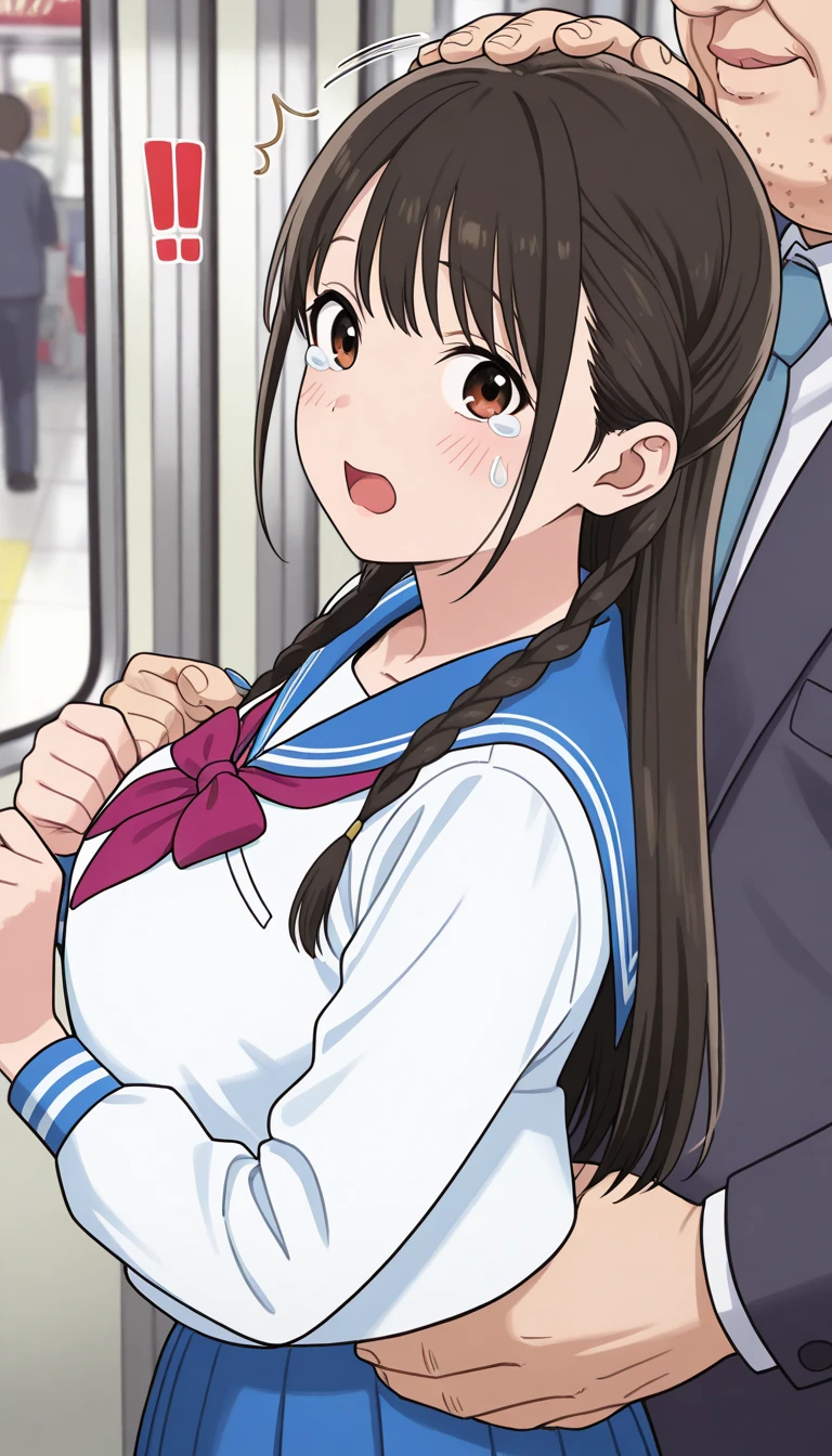 masterpiece, Highest quality, Nico_Yazawa,High resolution, 1 Girl, alone, Brown Hair, short hair, Twin tails、Purple eyes,  , , (Cleavage)、(Beautiful thighs), Carrying a red backpack, (randoseru backpack:1.2) Sweaty、Thick thighs、Highest quality、4K、1girl, 8years old, loli, cute, grin, 、、on the train、、、Thick thighs、Men holding their penises and surrounding girls、Semen from the penis、Bukkake、Bukkake、（Bukkake）projectile cum、Blowjob、Lots of spectators、Ahegao、low length、Sportswear
