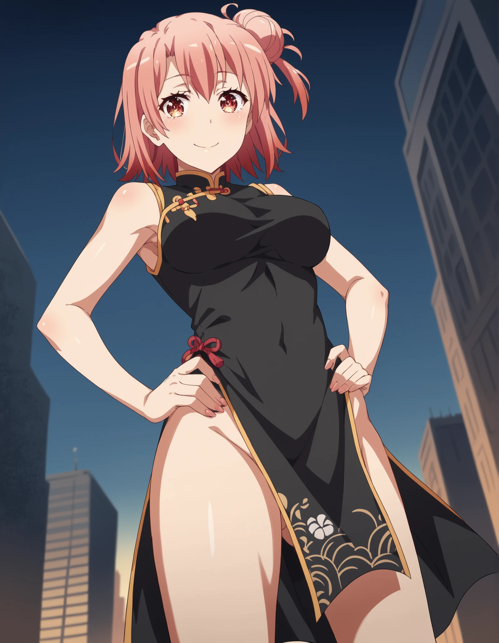 best quality, masterpiece, highres, solo, {yuigahama_yui_yahariorenoseishunlovecomewamachigatteiru:0.90}, bare_shoulders, bead_bracelet, beads, china_dress, chinese_clothes, dress, jewelry, looking_at_viewer, sleeveless, sleeveless_dress, bracelet, smile, medium_breasts, thighs, cowboy_shot, :d, open_mouth