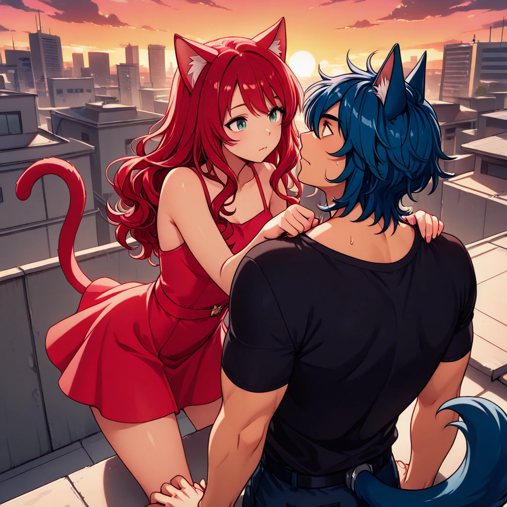 (((Gran obra maestra de anime TV))), ((bien detallado)), (pareja de 1 chico y 1 chica), el chico tiene el pelo corto rojizo unos eyes red radiant y rostro masculino,... La chica zorro tiene el pelo largo y gris., His eyes are also bright red., ella esta sonrojada., mientras se mirar mutuamente antes de besarse, -coche completo..