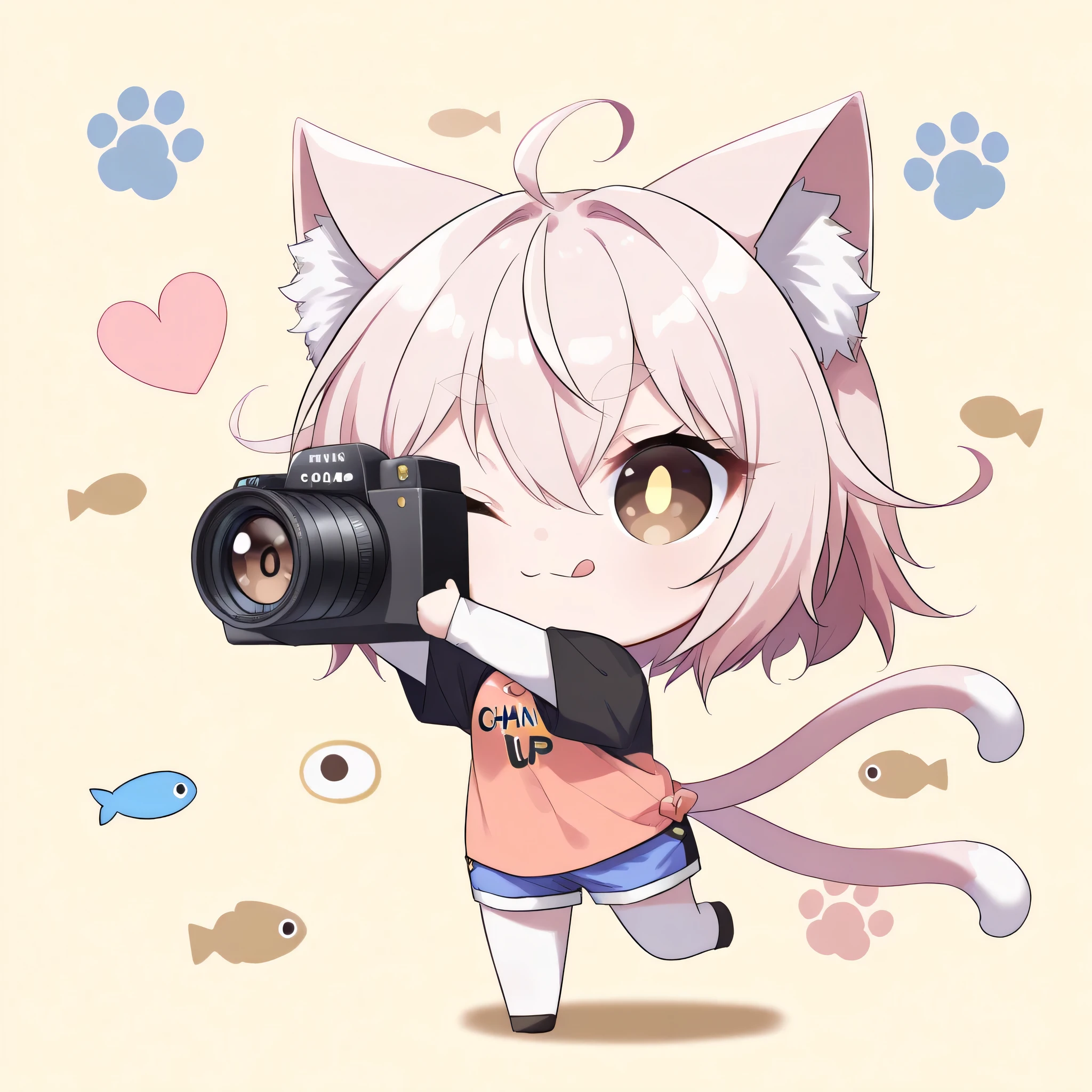 score_9, score_8_up, score_7_up, (solo, 1 girl, Matana Katomiya, brown eyes, light red hair , short hair,stupid hair,one-eyed wink、 hair between eyes, Cat ears, white fur inside Cat ears), ((( chibi, change, thin, small, short))), (Cute Shirts、shorts), stand up,stand on one leg、Hold up the camera,heart ((2 Cats' Tails:1.2)), cute face, big eyes, Cat's Eyes, eyelashes, lower eyelashes, (((gold pupils))), Short and thick eyebrows, , proud smile, Tongue that licks lips、fish background、swimming tuna、