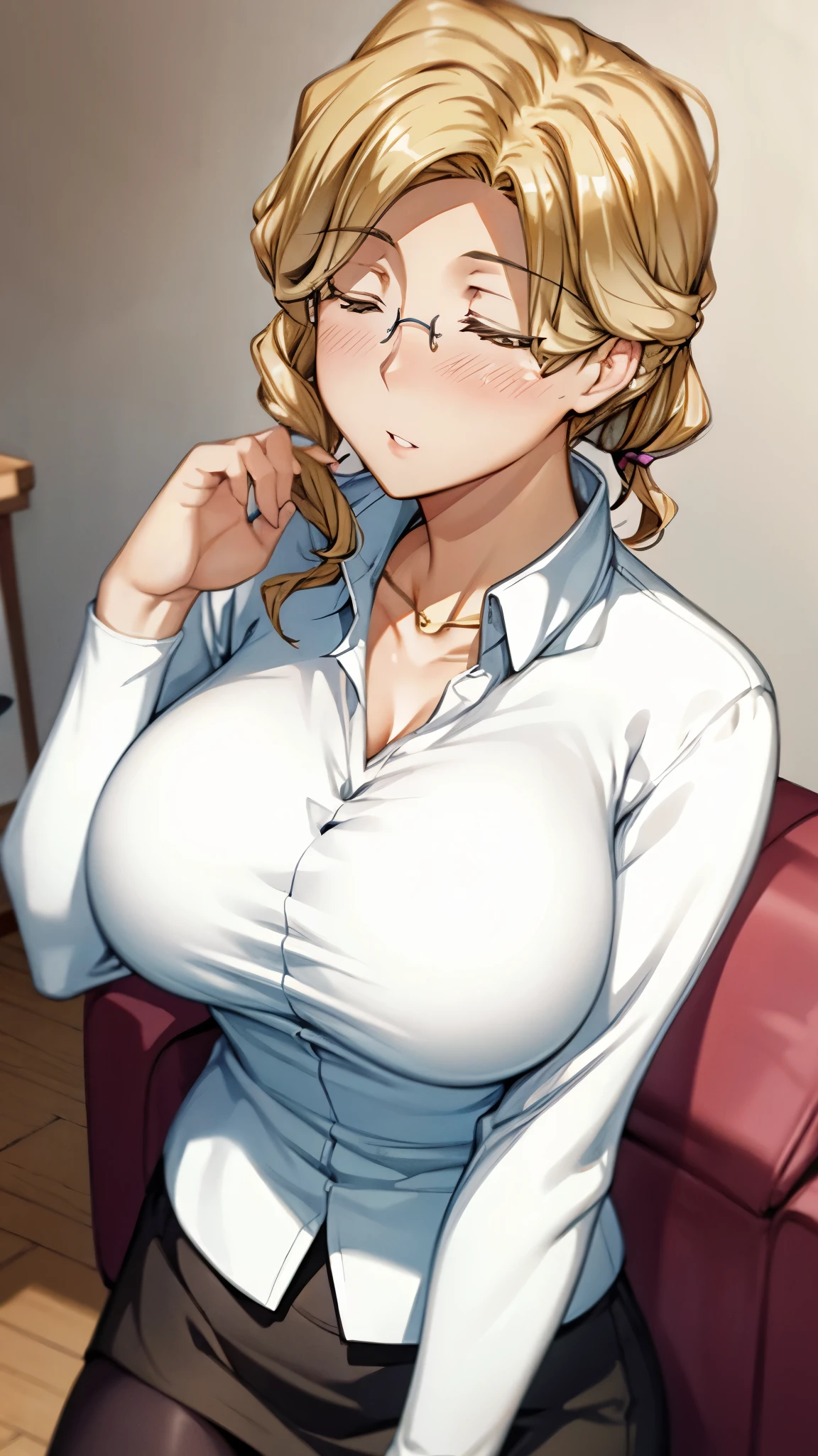 (super quality,Ultra High Resolution,16k,Super Masterpiece,Ultra HD ,detailed shading and background,)Upper body shot from above,sexy mature woman, Gold,glasses,long white shirt with cuffed sleeves,tight tight skirt,cleavage,necklace for 1 person,Big Breasts, Close Your Eyes,blush,Kissing Face,thick lips with Nozomi,living room,place one hand on the side of your head,