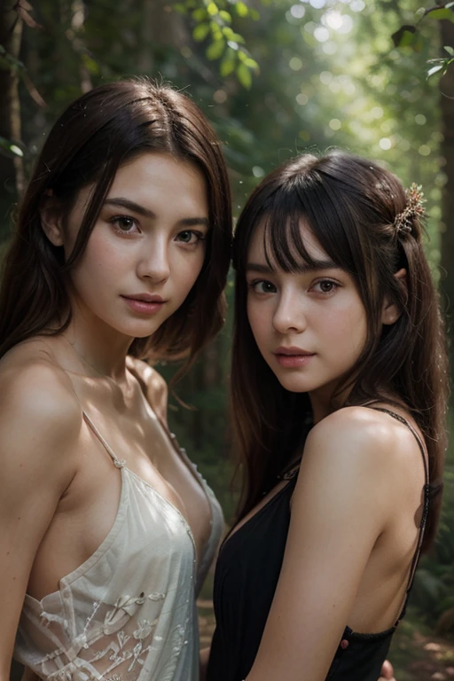 NSFW， 8K Raw photograph， best qualtiy， tmasterpiece， 超高分辨率， filmgrain， cinematic ligh,looking at viewert， Natural skin texture,Realistic Eyes and Face Details,((Realistic:1.5)),Ulzzang-6500:1.4,((Best quality)), ((Masterpiece)),((Detailed)),2girls,duo,{2 beautiful women}, (Upper body:1.3),Hug and touch each other, Tease your friend's waist, Breathless friends, Biting a friend's earlobe, crouched,super wide shot,Face focus, Long legs,Curvy, Barefoot,Wide hips, Thin legs, Oversized eyes,Long eyelashes, (Detailed face,beautidful eyes, detailedpupils,detailed clothes features, Clear background:1.3), (armlets, bangle:1.3), Mysterious ancient ruins, floresta exuberante, Deep canyon,bridge,River,cliff,Cloud,lakes,Rock music,Waterfalls, Flowers, Grass,grape trees,tree,bright detail,Sharp,Perfect compounding, Intricate, Sharp focus, Dramatic,