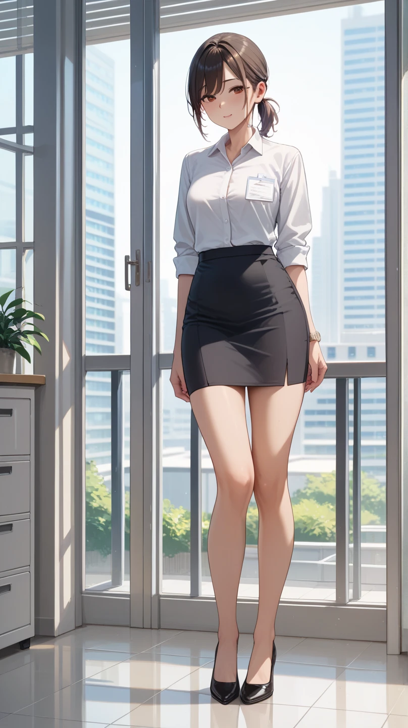 one woman,lightslategray skirt,dress shirt,white lace panties,lift up skirt,cleavage between breasts,grab own butt,hand between legs,seiza,sexy pose,tiny breasts,butt,tall of a person,thin,gleaming skin,cute face,thick eyebrows,sharp eyes,embarrassed,seductive smile,naughty expression,excited,flushed cheeks,bob hair,wave hair,saddlebrown hair,blue eyes,from front,indoor,on the bed,illustration style,anime style,masterpiece, extremely fine and beautiful,illustration,kiss,adult woman