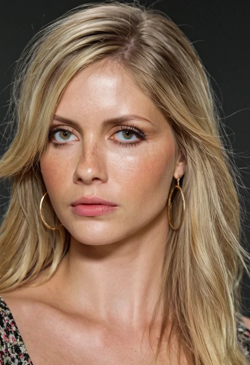 score_9,score_8_up,score_7_up, the extreme beautiful top model ana claudia michaels, mordendo o lábio, a three-quarter view of a 18yo blond woman looking sideway, enhanced femininity, dark theme, soothing tones, muted colors, (excessively defined variated skin texture, hyperrealistic, diffused light), clustered, authentic eye iris, (normal exposure:1.4) solo, 1girl, brown_hair, looking_at_viewer, simple_background, grey_background, realistic, lips, tattoo, portrait, freckles, big tattoo all over enter face, long_hair, closed_mouth, mole, grey_eyes, hoop_earrings, photorealistic, photo, masterpiece, realistic, realism, photorealism, high contrast, photorealistic, 8k HD high definition detailed realistic, detailed, skin texture, hyper detailed, realistic skin texture, armature, best quality, ultra high res, (photorealistic:1.4),, high resolution, detailed, raw photo, sharp re, by lee jeffries nikon d850 film stock photograph 4 kodak portra 400 camera f1.6 lens rich colors hyper realistic lifelike texture dramatic lighting unrealengine trending on artstation cinestill 800