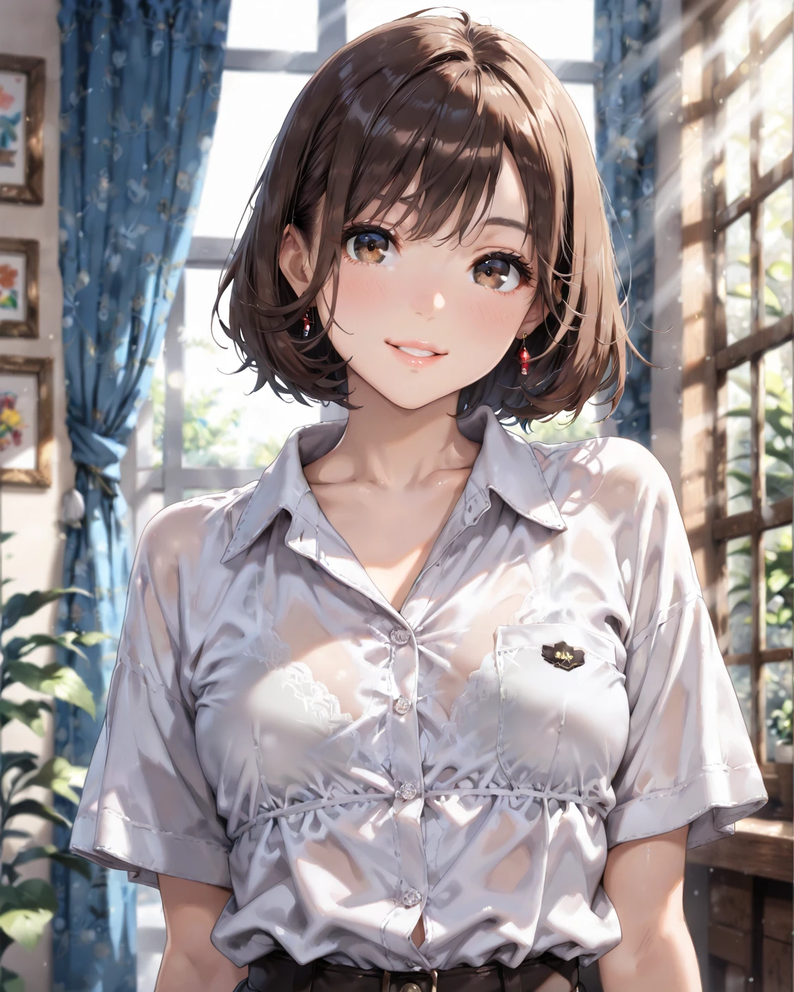((Tabletop, highest quality, High resolution, , Pixel perfect, 4K,))), 1 female teacher, single, alone, beauty、The whole body is visible、 ((Mid-wave hair, bangs, Brown Hair)), ((Brown eyes, Beautiful eyelashes, Realistic eyes)), ((Detailed face, Blushing:1.2)), ((Smooth texture:0.75, Realistic texture:0.65, Realistic:1.1, Anime CG Style)), Mid-chest, Dynamic Angle, Perfect body, (( ,necklace、Earrings , White tennis wear、White and short sleeve shirt,Pleated flare skirt 、Lift your skirt with both hands to show your panties)), No bra、Lean forward to show cleavage、Very embarrassing panic smile, 、Looking up、classroom、、(Light blue floral lace panties are visible)、Angle from below)、